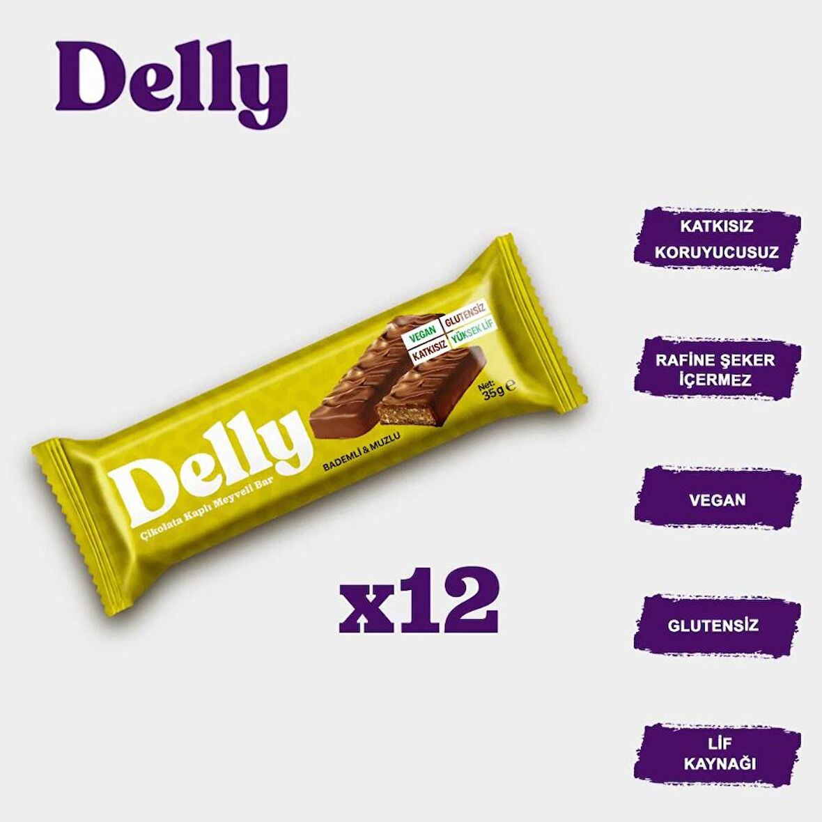 DELLY Çikolata Kaplı - Bademli & Muzlu Bar 35g X 12 Adet