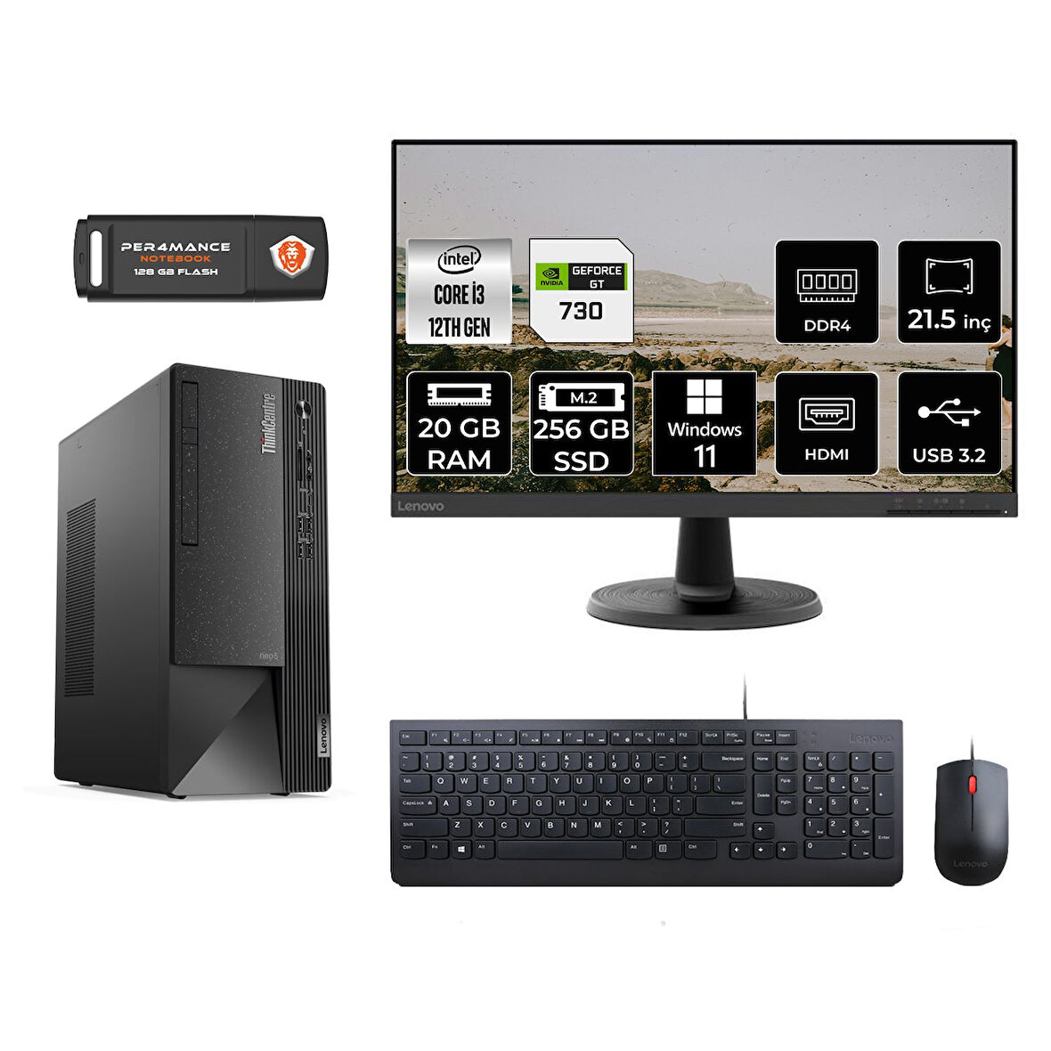 LENOVO Neo 50T M01ATXD416 i3 12100 20GB RAM 256GB SSD GT730 4GB 21.5" W11P MASAÜSTÜ PC