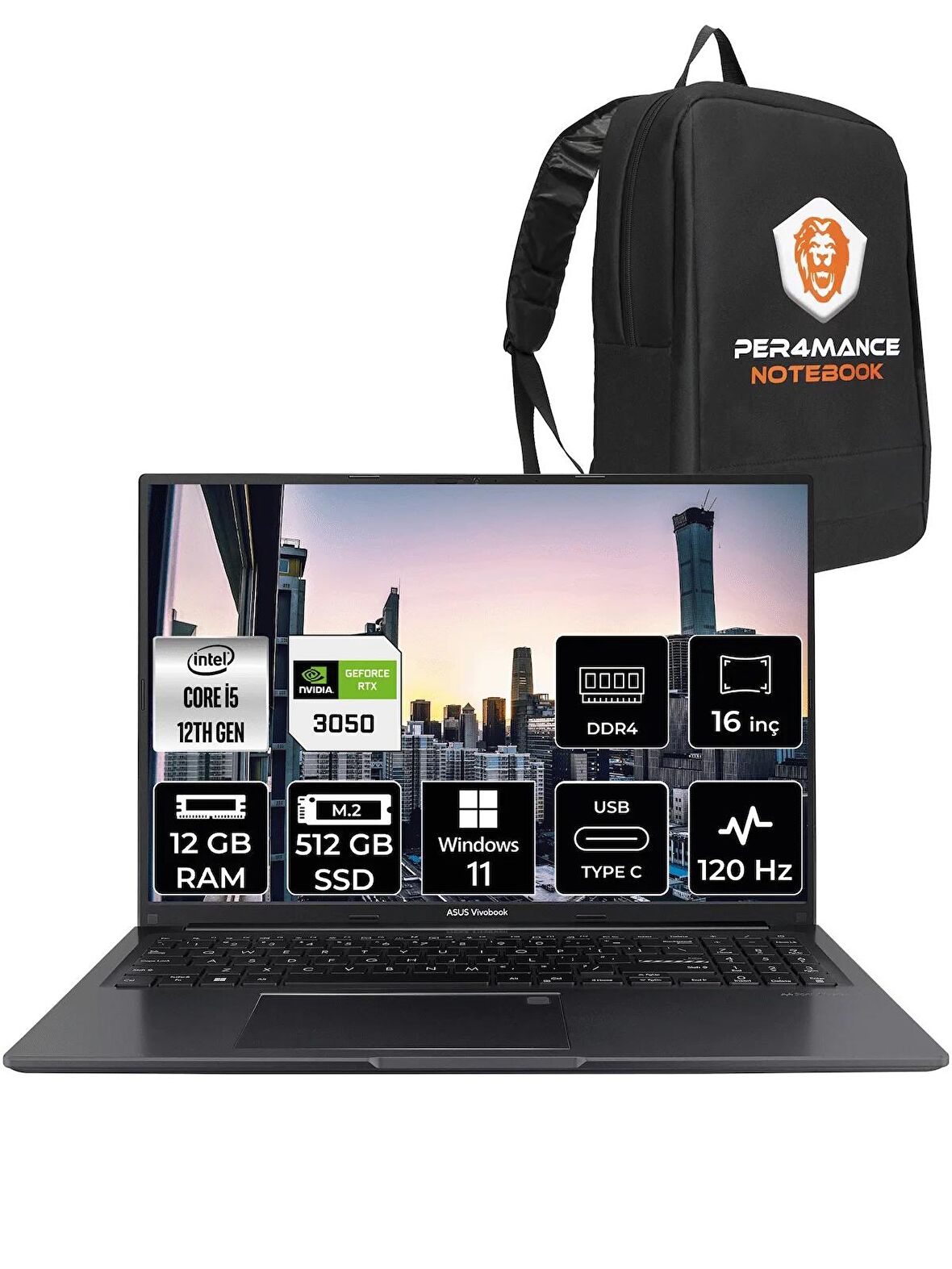 ASUS Vivobook 16X K3605ZC i5 12450H 12GB 512GB SSD RTX3050 16'' FHD W11HOME N1013W & PER4 ÇANTA