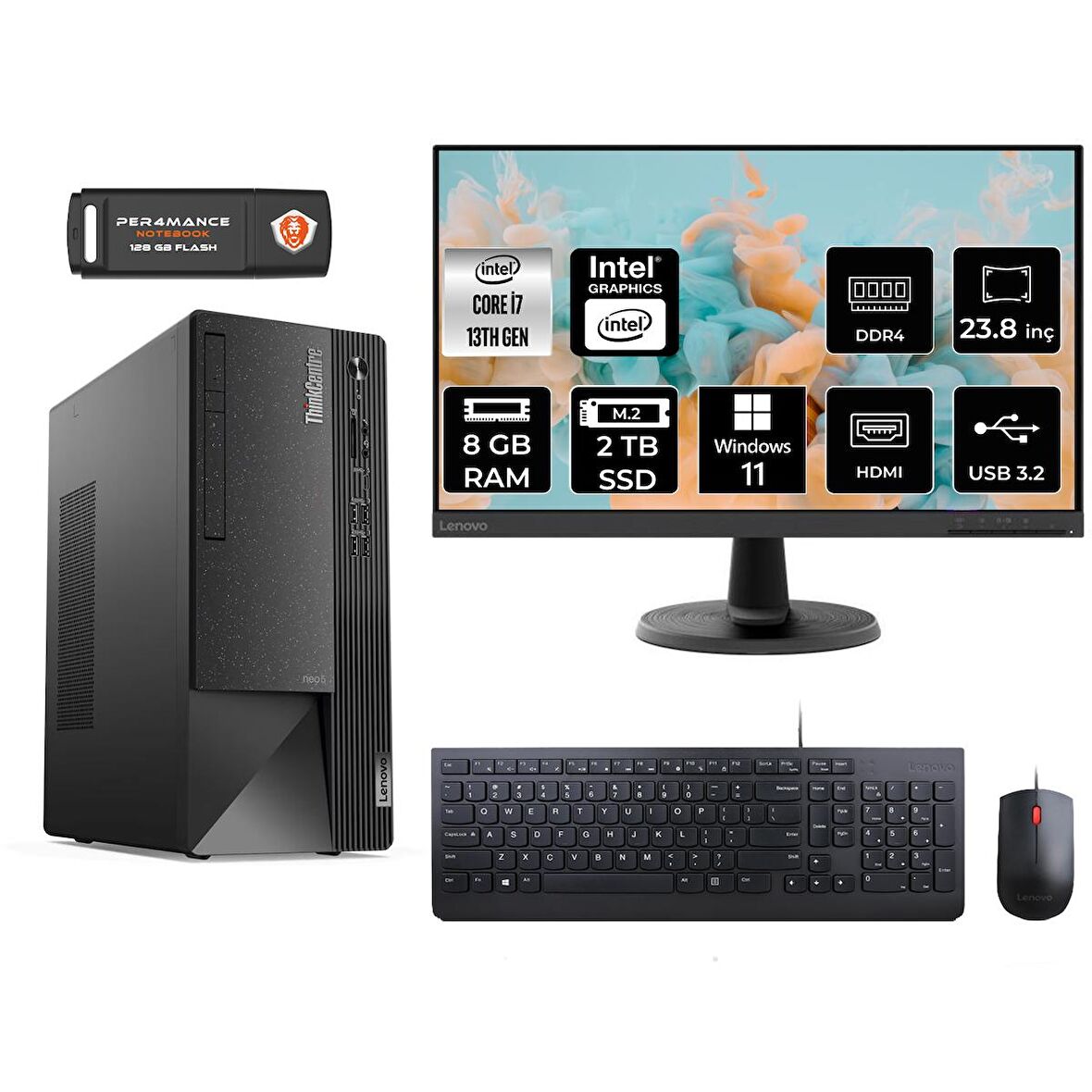 Lenovo ThinkCentre Neo 50T i7 13700 8GB 2TB SSD W11H 12JD0008TR MASAÜSTÜ PC & 23.8" MONİTÖR