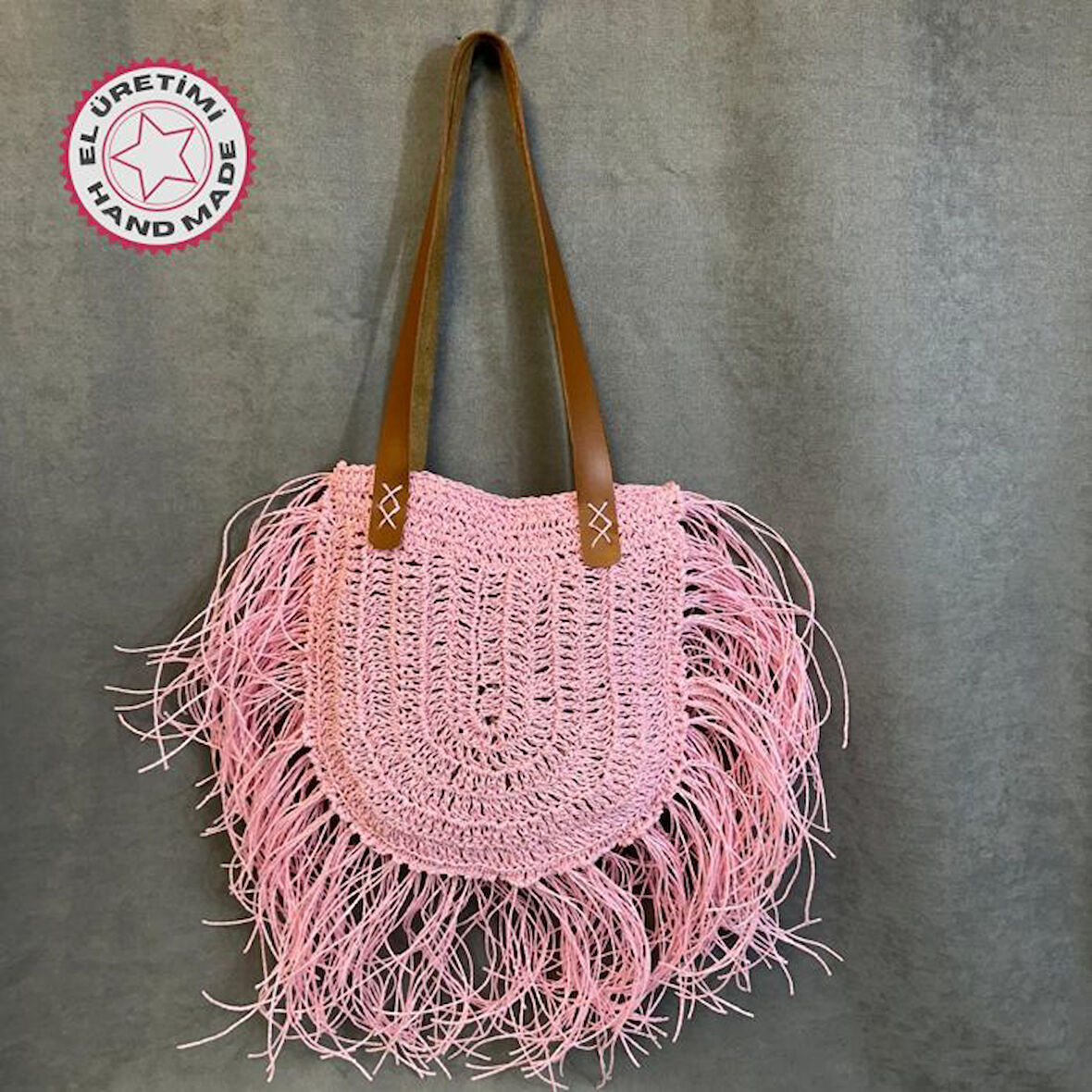 Uretti - Ayşe 4723 El Örgüsü Püsküllü Kağıt İp Kadın Omuz Çantası