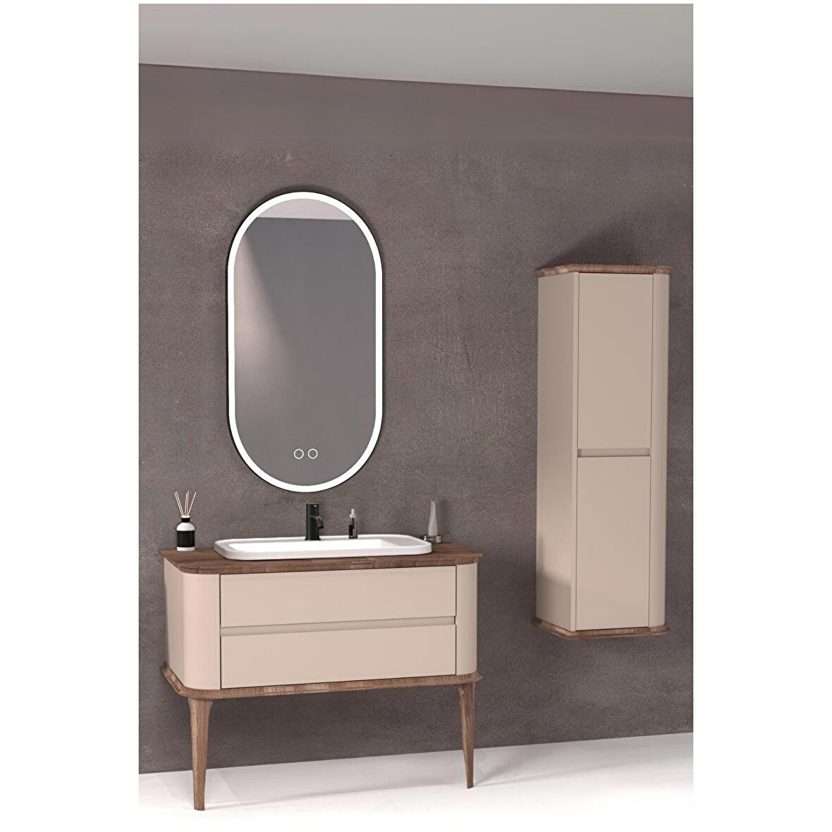 PIER 100 CM BEYAZ LAVABOLU BANYO DOLABI VİZON / KAYIN  - BOY DOLAP DAHİL