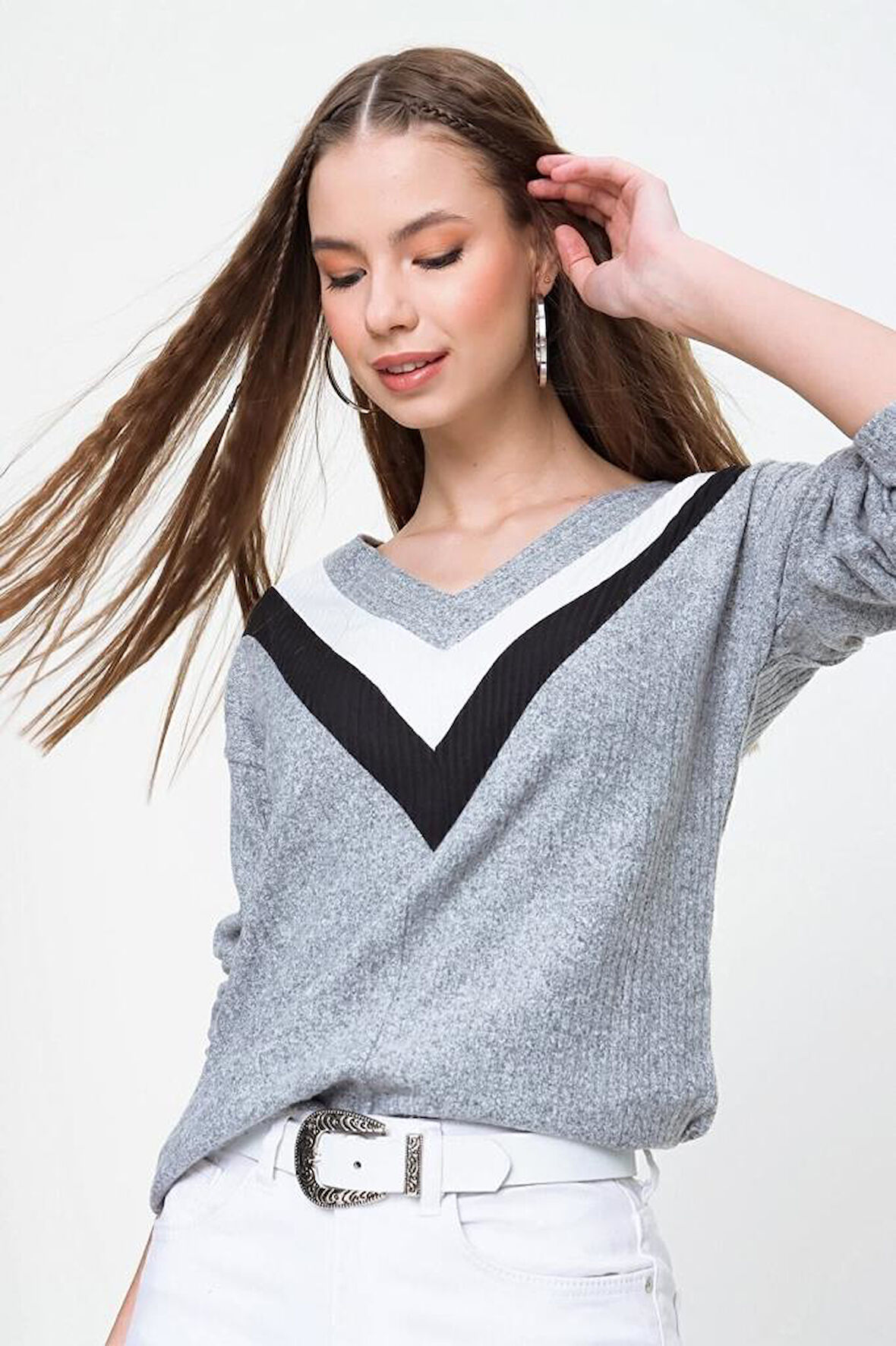 Kadın V Yaka Siyah Çok Renkli Uzun Kollu Büyük Beden Seçenekli Pamuklu Yumuşak Tarz Kazak 2750230