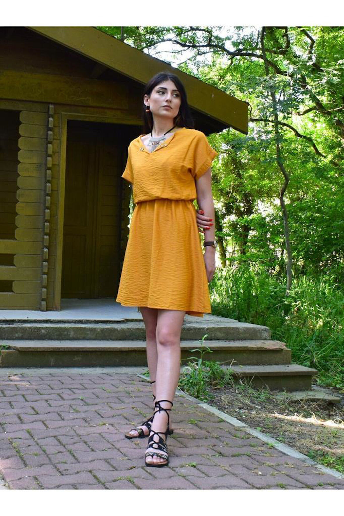 Pasaklı Giyim Kadın Siyah Beli Büzgülü Yakası Düğmeli Rahat Keten Elbise Yb2874240