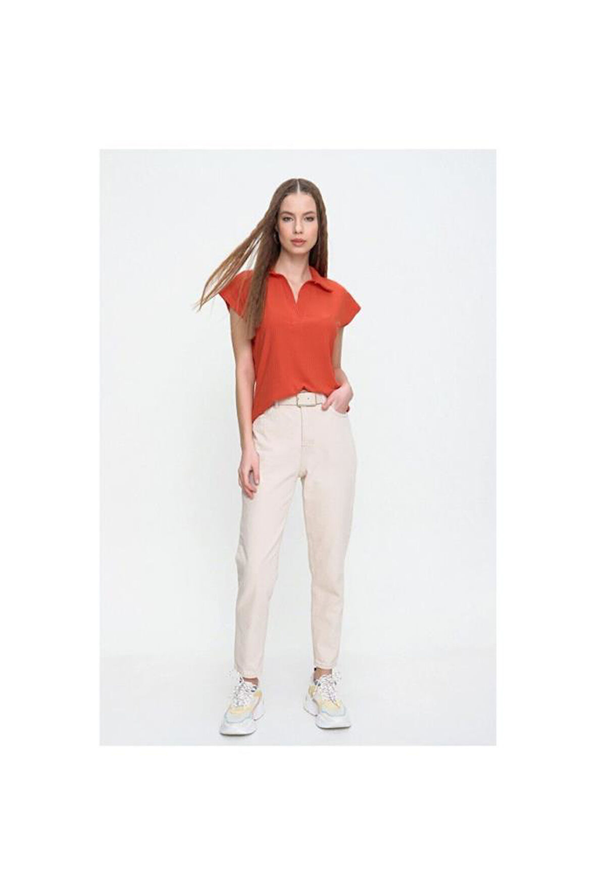 Kadın Kırmızı Mercan Kısa Kollu Fitilli Kaşkorse Viskon Pamuk Polo Yaka Bluz T-Shirt 2879140