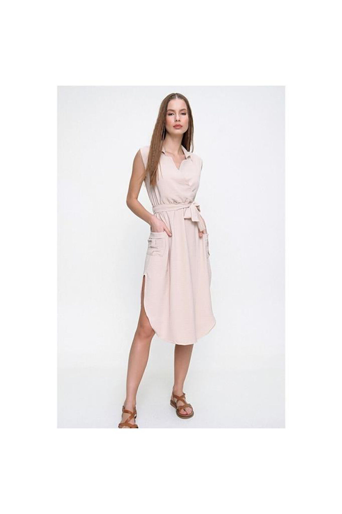 Kadın Kruvaze Ceket Yaka Cepli Kemerli Yırtmaçlı Oversize Tunik Gömlek Elbise Yb2881152