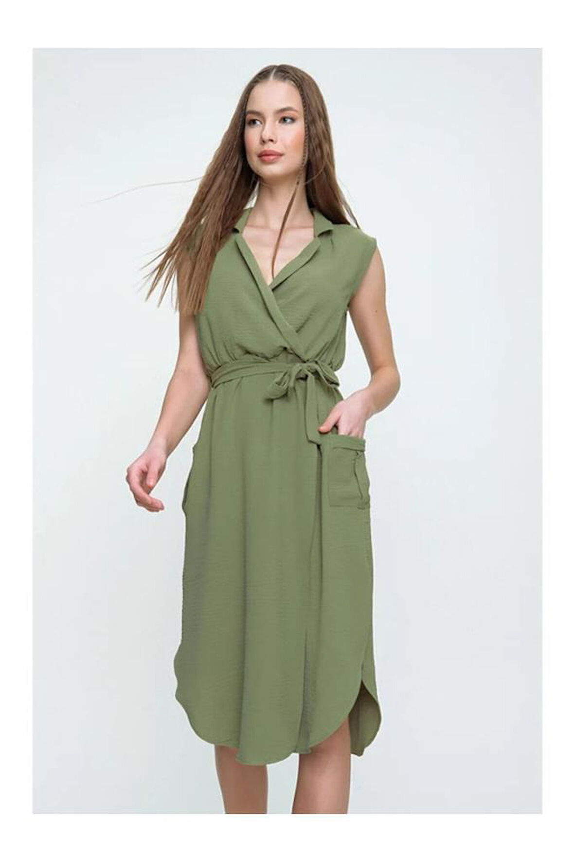 Kadın Kruvaze Ceket Yaka Cepli Kemerli Yırtmaçlı Oversize Tunik Gömlek Elbise Yb2881152