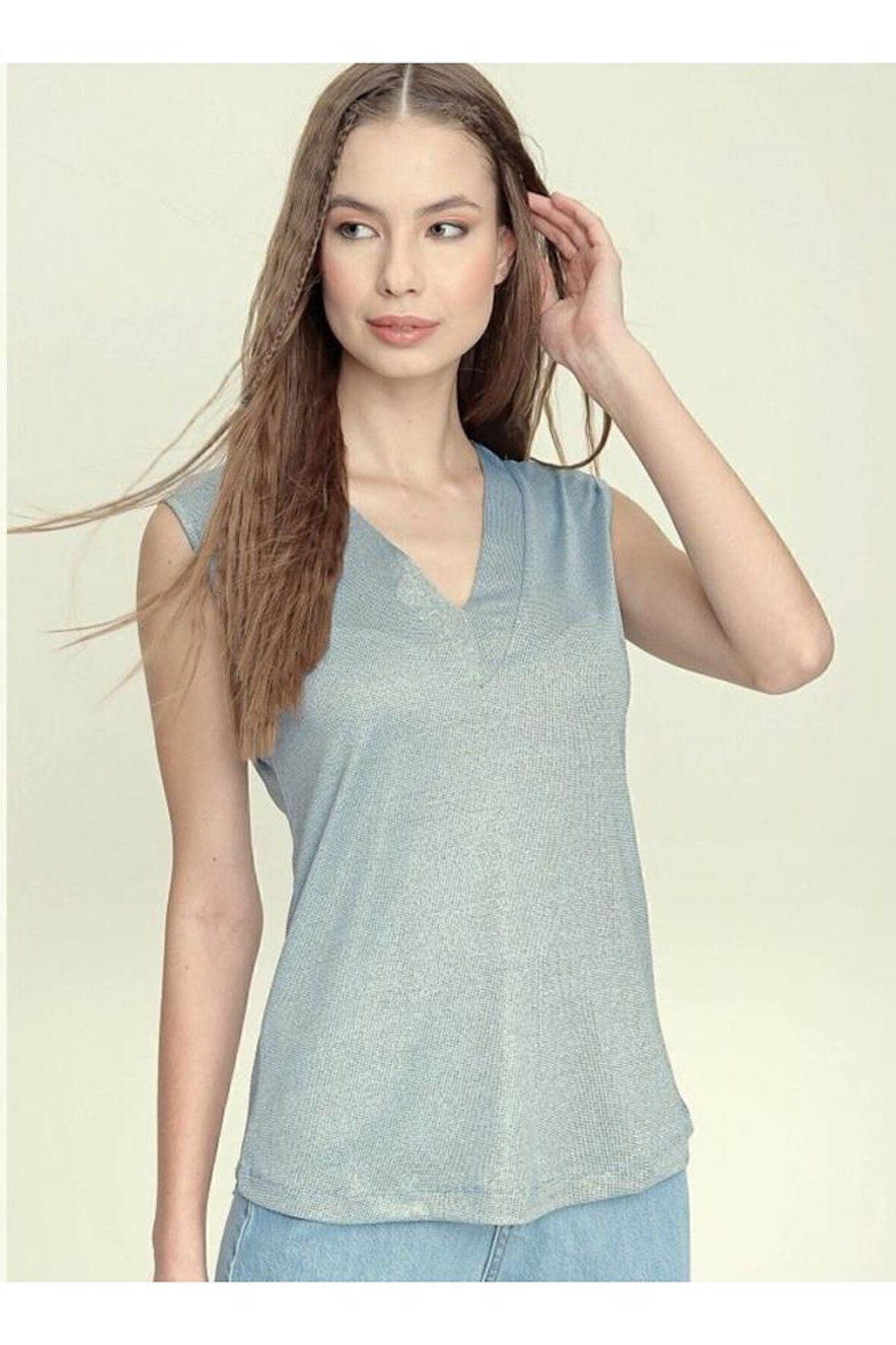 Kadın Yeni Sezon Yumuşak Dokulu Kaliteli Kolsuz Sıfır Kol Bebe Mavi T-shirt Bluz 2892140