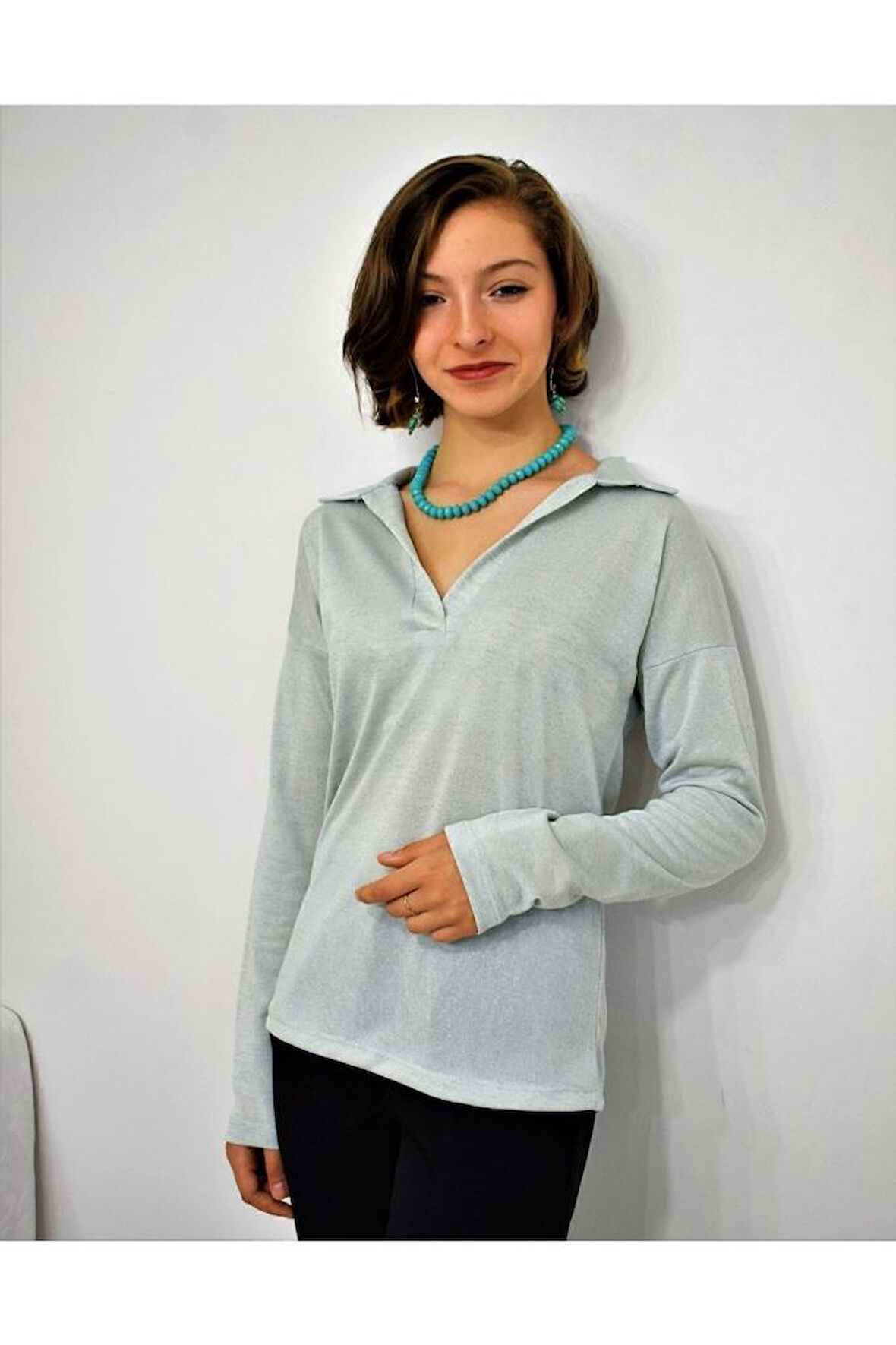 Kadın Polo Yaka Pudra Uzun Kol Bluz-2940160