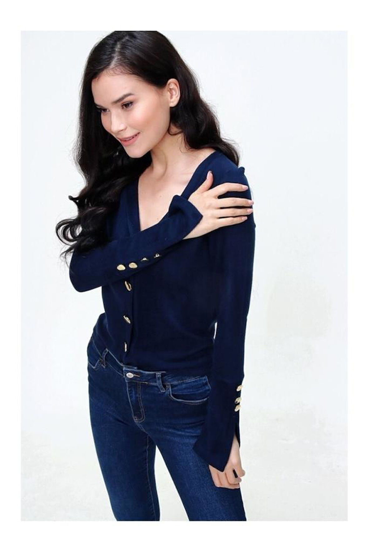 Kadın Antrasit Gri Gold Düğme Detaylı Yumuşak Dokulu Triko Hırka 3007230