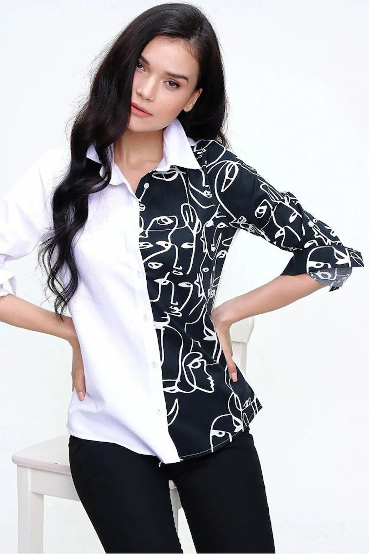 Kadın Siyah Beyaz Yüz Silüetli Uzun Kollu Rahat Tarz Basic Gömlek 7003074200