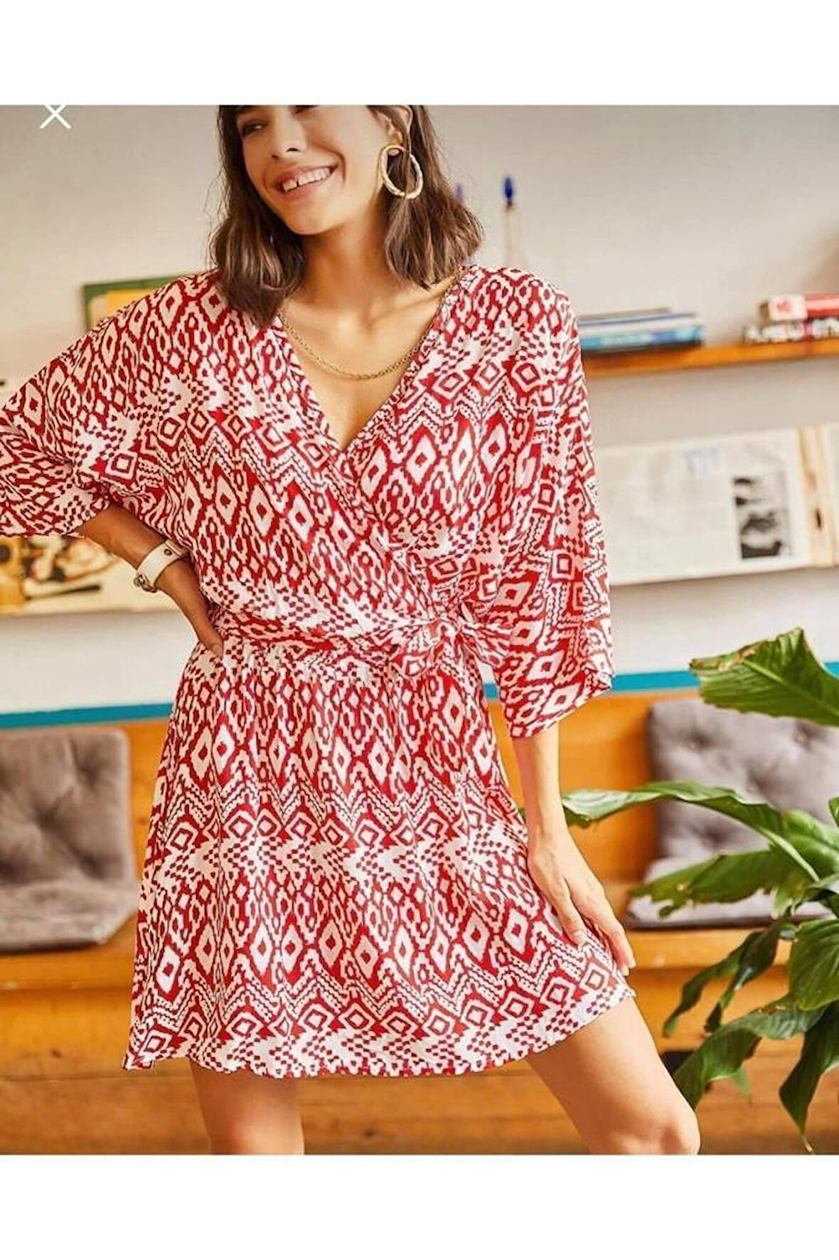 Kadın Mavi Viskon Göğüs Dekolte Mini Kimono Etnik Yarasa Kol Rahat Kloş Mini Elbise Yb3155108