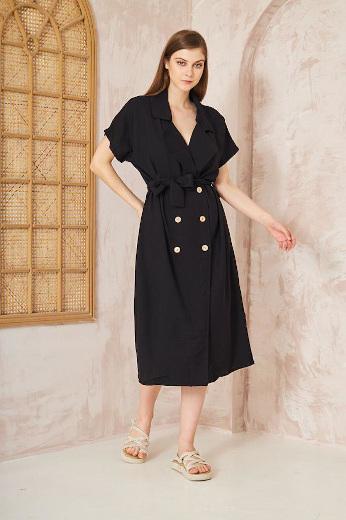 Kadın Keten Indigo Oversize Geniş Kesim /salaş /uzun Kısa Kollu Yazlık Ceket Elbise 3162400