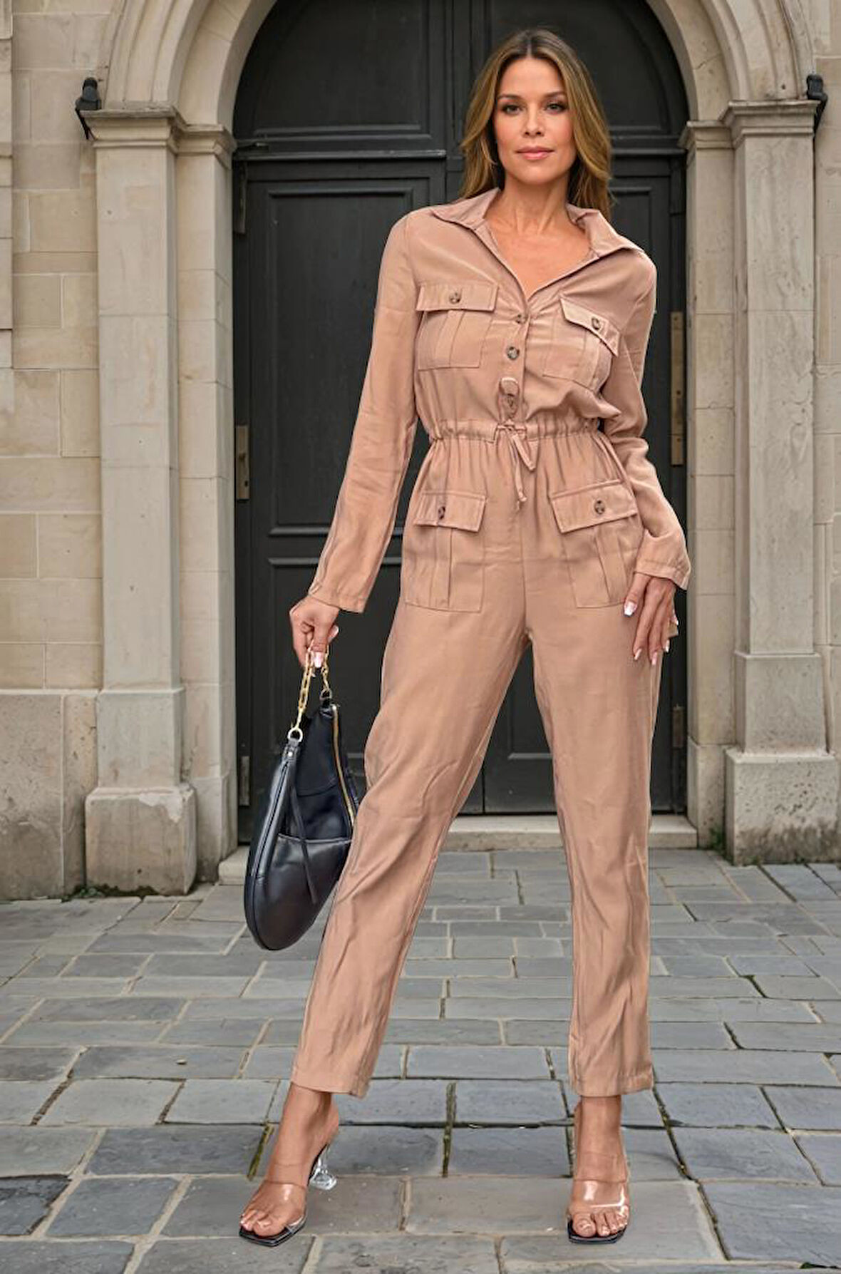 Kadın Safari Uzun Kollu Beli Bağcıklı Düğmeli Cepli Tulum 3164450