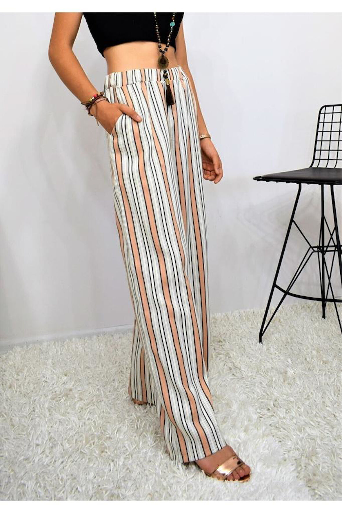 Kadın Kiremit Bej Dik Çizgili Beli Lastikli Cepli Pantolon Tesettür Pantolon 3258200