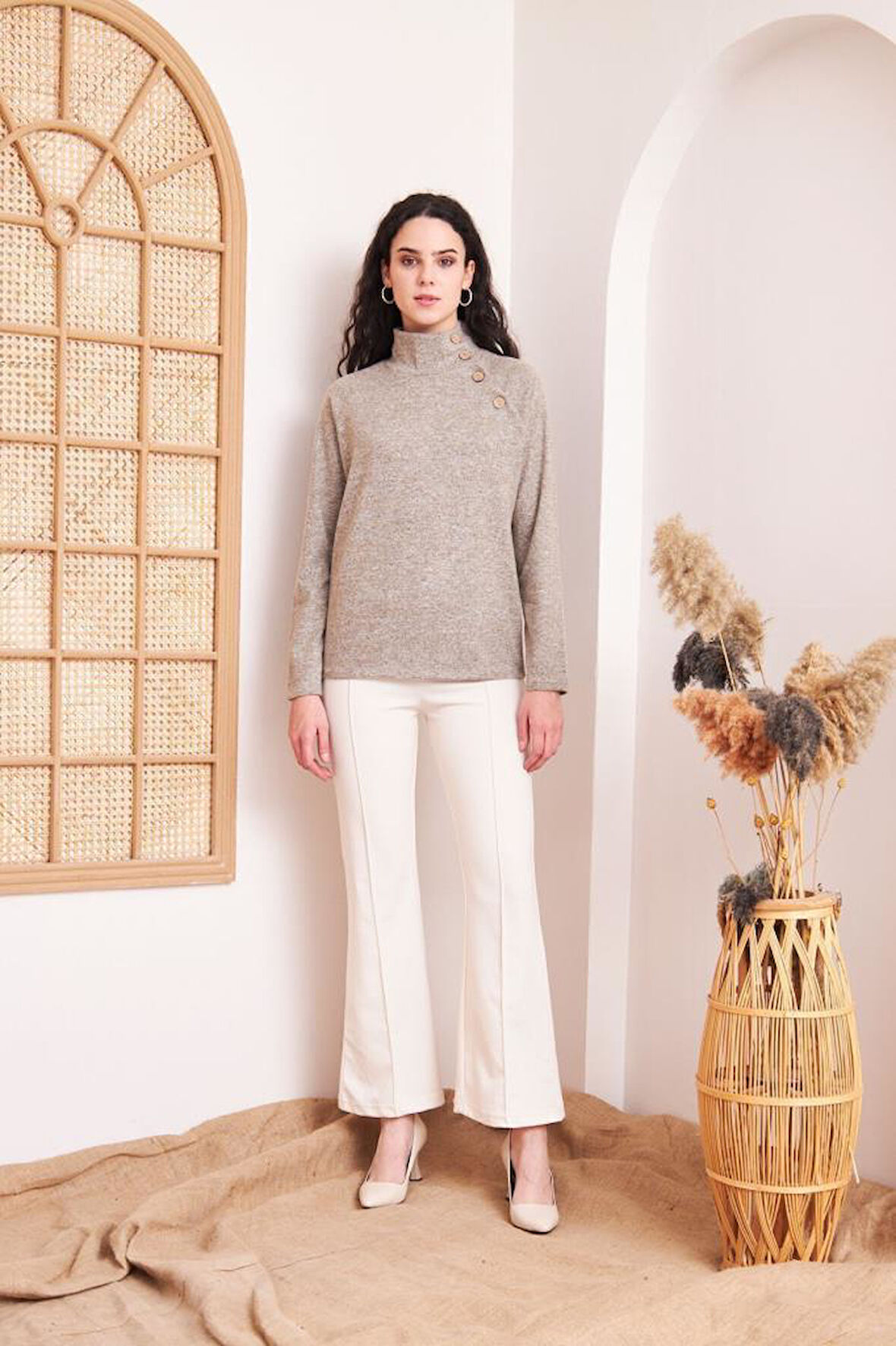 Kadın Pudra Bej Tonlu Balıkçı Yaka Düğmeli Yumuşak Kışlık Kazak 3012175