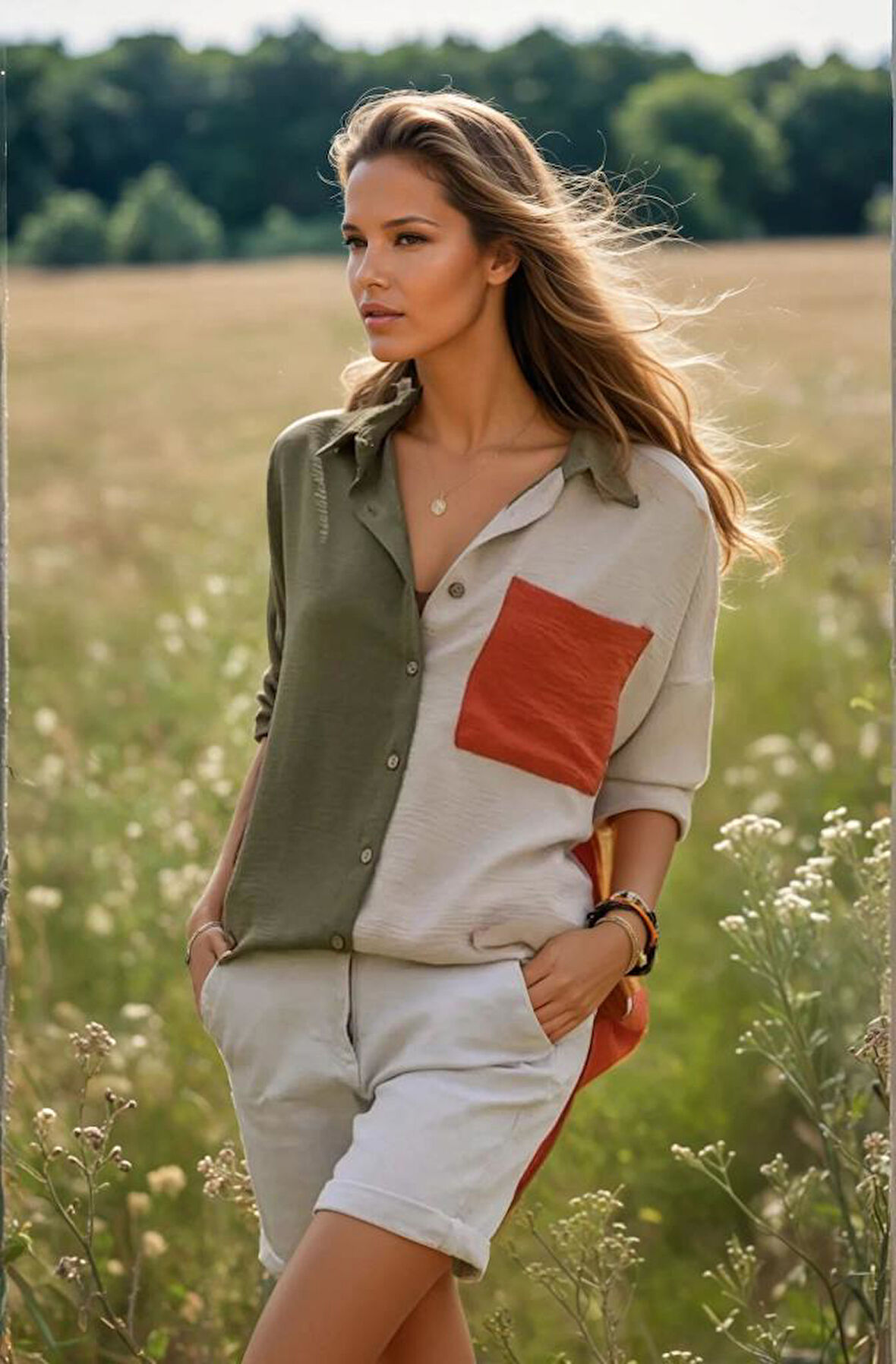 Kadın Renk Detaylı Arkası Uzun Uzun Kollu Dökümlü Tunik Gömlek 3071230