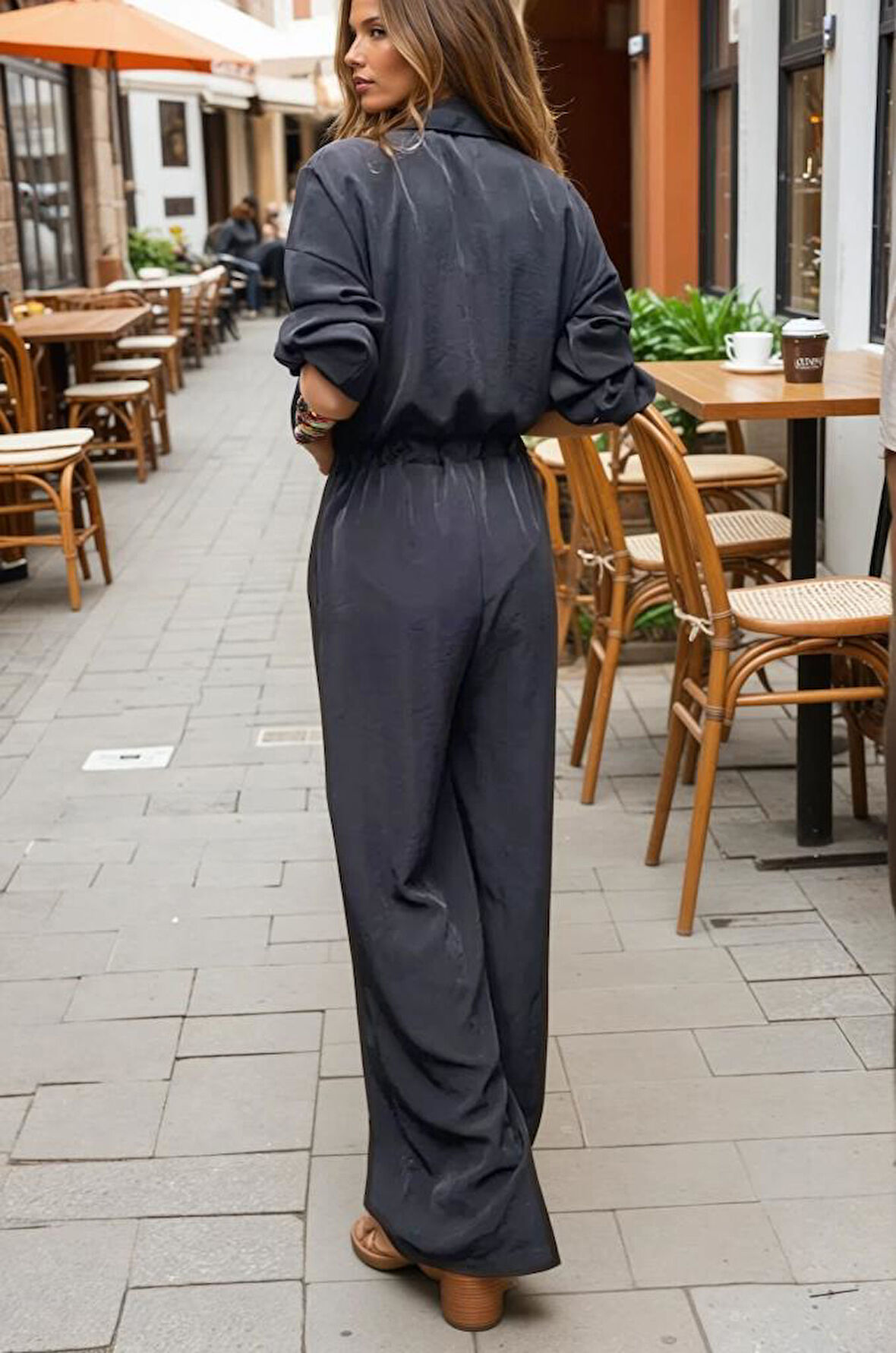 Kadın Cepli Beli Kolu Lastikli Uzun Kol Bol Kesim Tesettüre Uygun Kupra Tulum 3360400