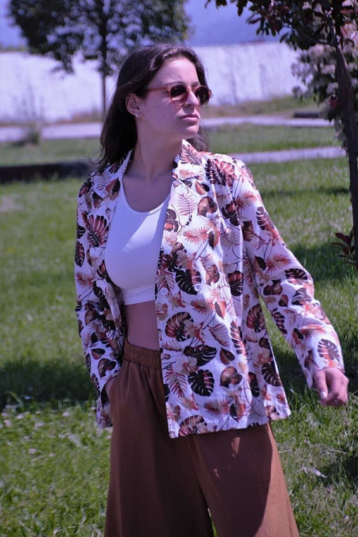 Kadın Bol Kesim Keten Oversize Rahat Ceket Kahverengi 3371200