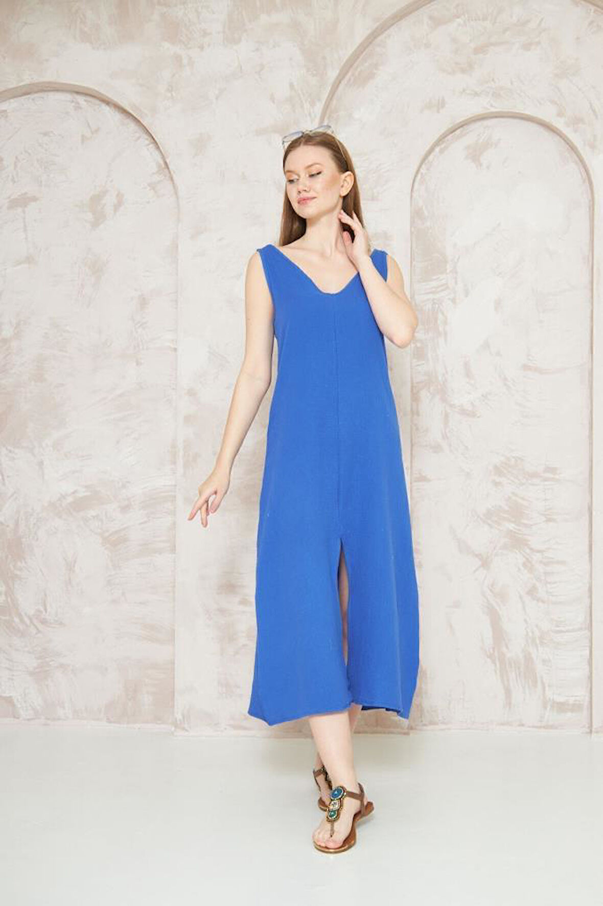 Kadın Oversize Müslin Derin V Yaka Askılı Kolsuz Yırtmaçlı Uzun Günlük Elbise Sarı 3419270