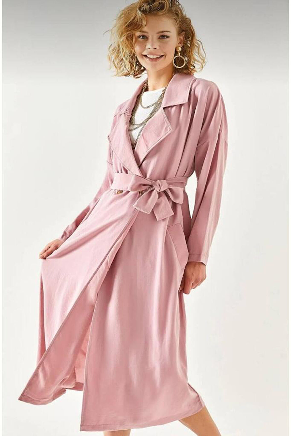 Kadın Ekstra Bol Kesim Salaş Kemerli Cepli Düğmeli Yumuşak Dokulu Uzun Trençkot Hırka 3335370