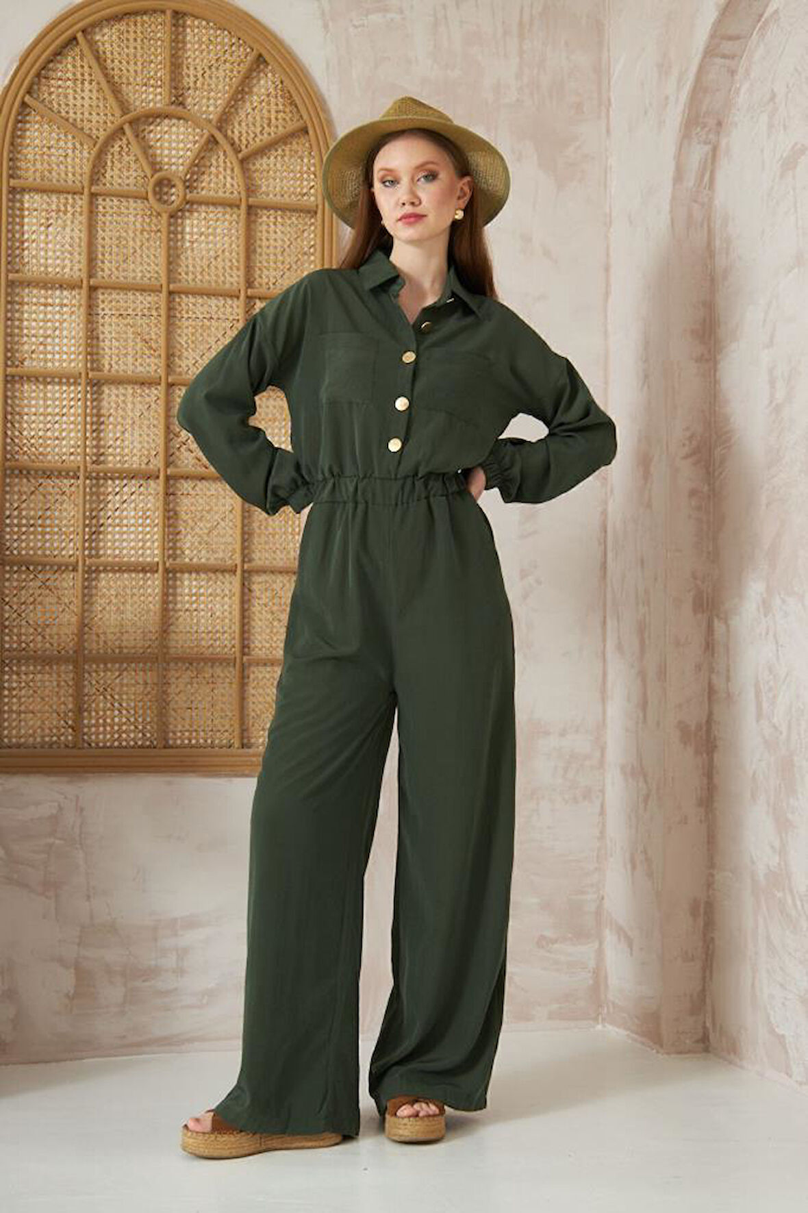 Kadın Cepli Beli Kolu Lastikli Uzun Kol Bol Kesim Haki Tesettüre Uygun Tulum 3360330