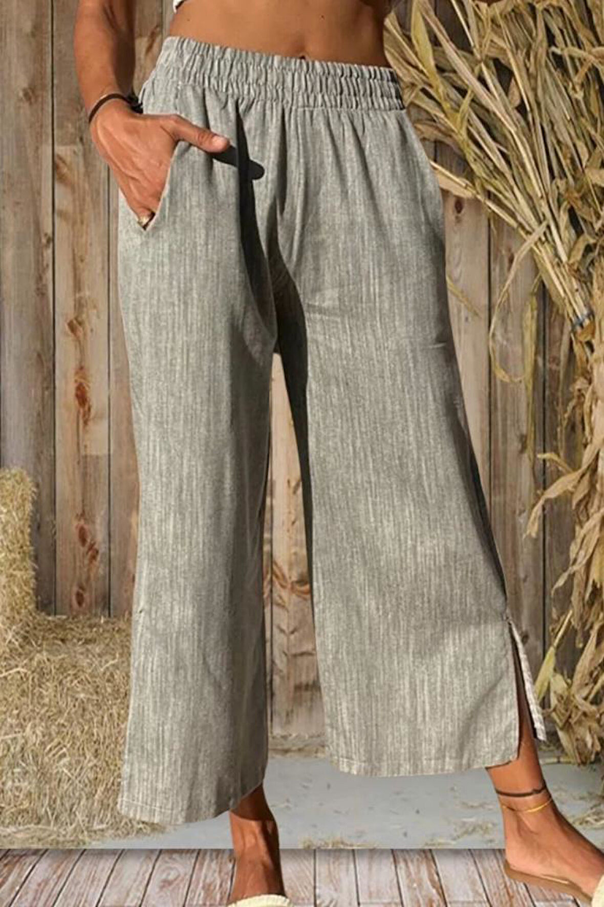 Kadın Keten Beli Lastikli Cepli Paçası Yırtmaçlı Salaş Kapri Bermuda Pantolon 3404209