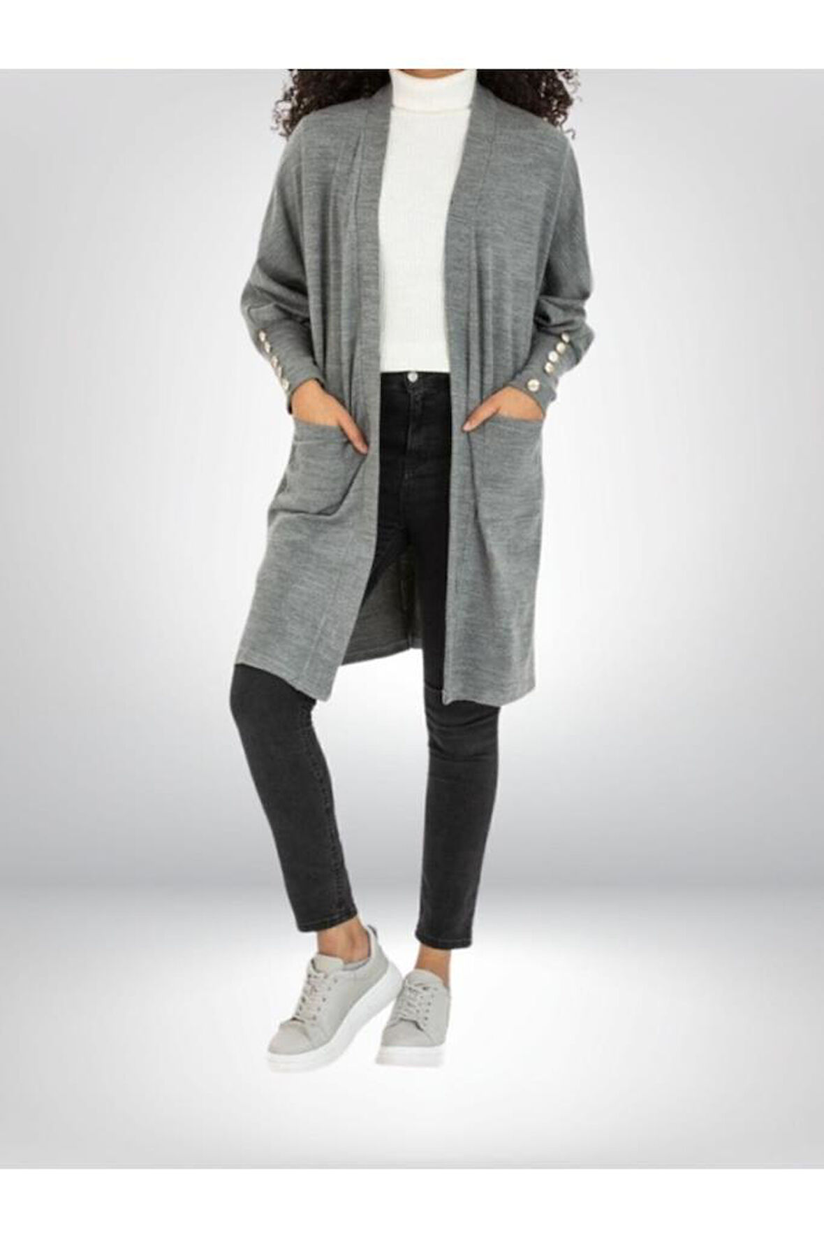 Kadın Kolları Düğme Detaylı Yırtmaçlı Yumuşak Dokulu Gri Uzun Triko Hırka 3442260