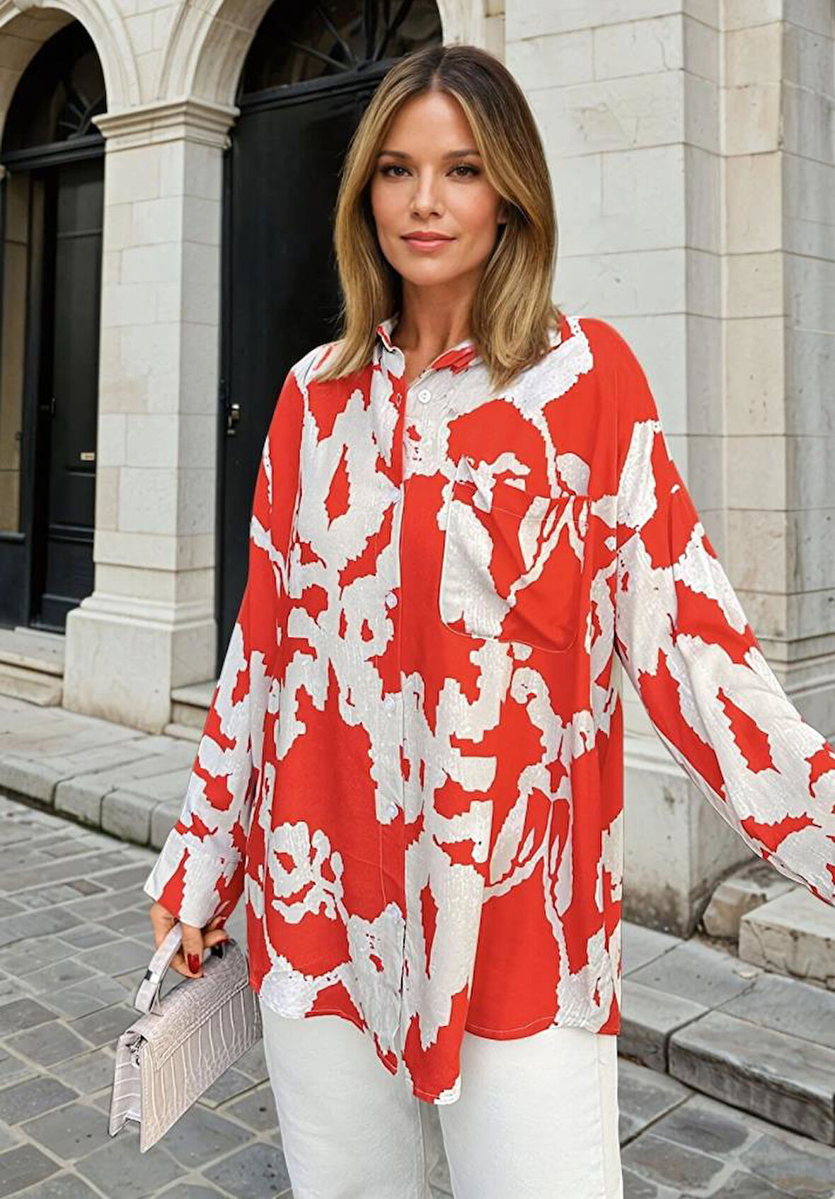 Kadın Viskon Uzun Kollu Pliseli Dökümlü Bol Kesim Yazlık Tunik Gömlek  3457250