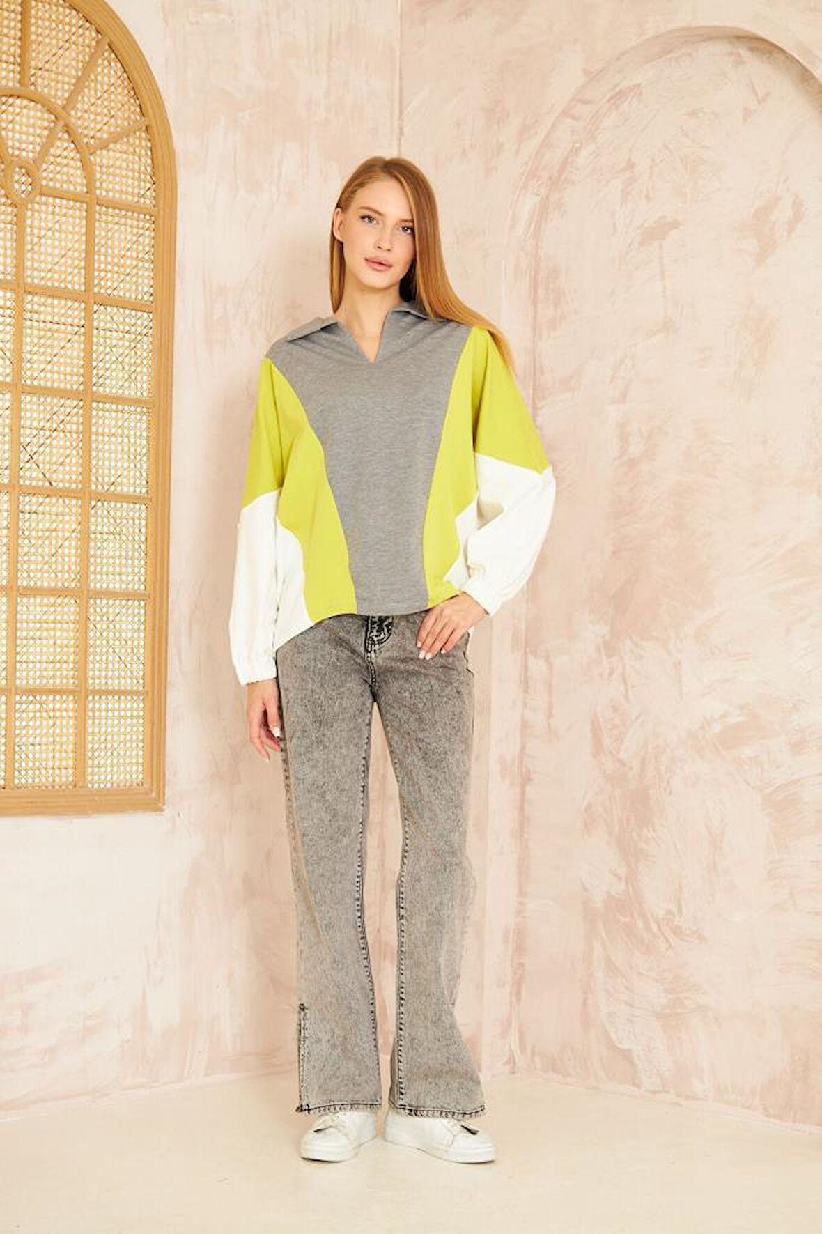 Kadın Polo Yaka Yarasa Lastikli Manşet Kol Salaş Sweatshirt Bluz Gri Fıstık Yeşil Beyaz 3473270