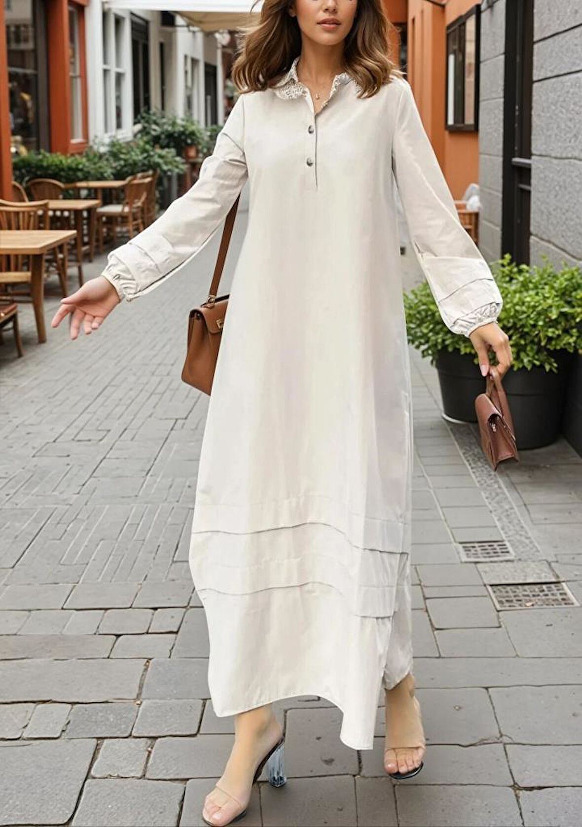 Kadın Hakim Yaka, Kol ve Etek Katlama Detaylı Salaş Uzun Kollu Poplin Elbise 3517300