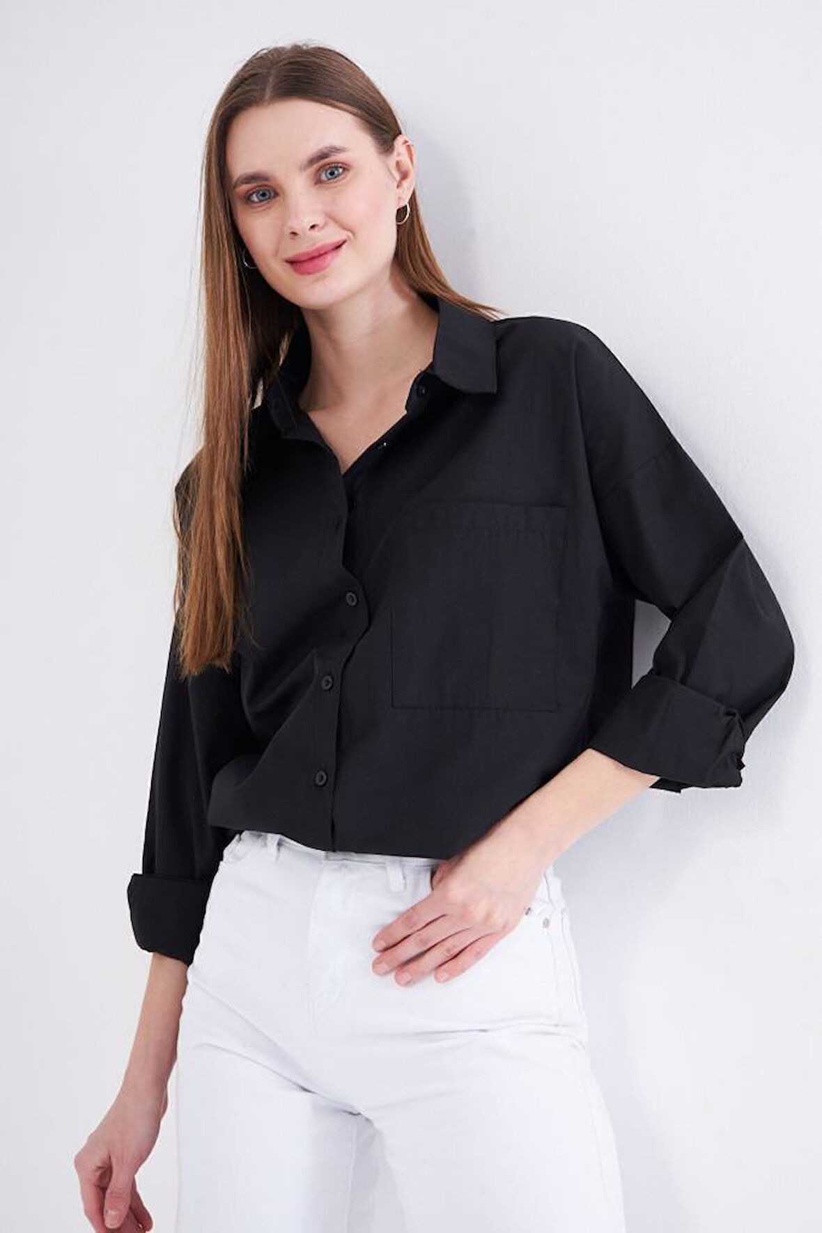 Kadın Uzun Kollu Terikoton Özel Kumaş Cepli  Spor Uzun Tunik Gömlek 3518185