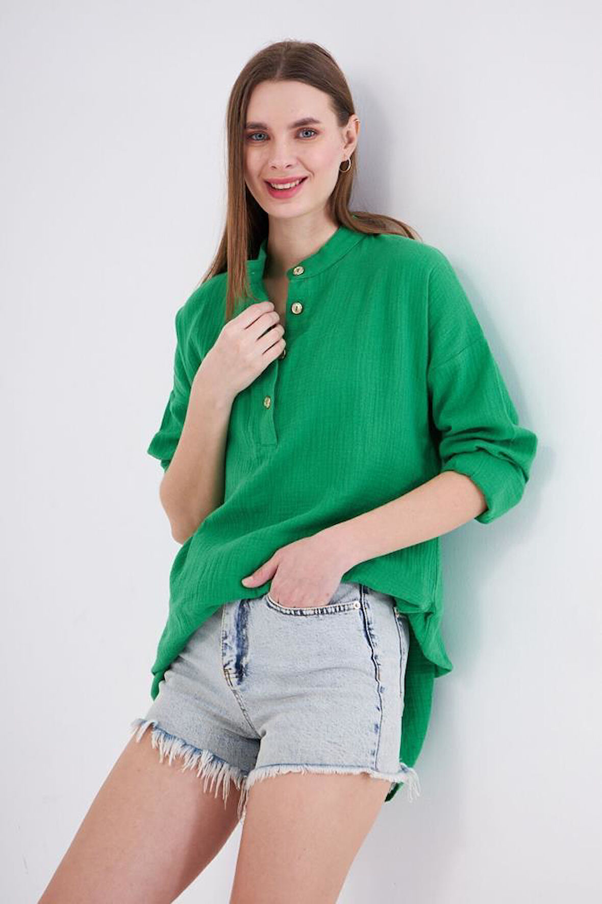 Kadın Muslin Uzun Kollu Hakim Yaka Cepli Günlük Yazlık Tunik Gömlek Elbise 3520260