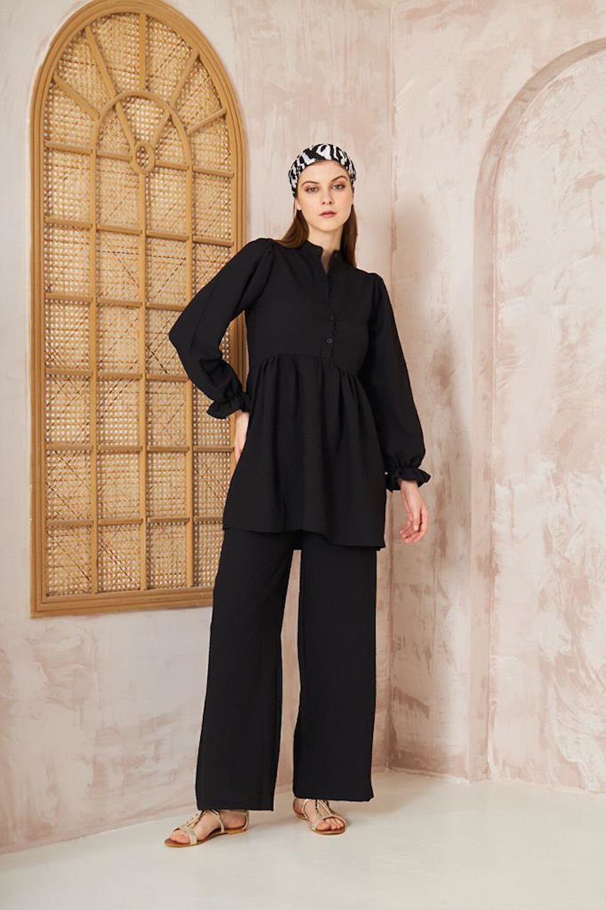 Kadın Benetton Gofre Balon Kol Büzgülü Tunik / Beli Lastikli Cepli Pantolon Tesettür Takım 3531360