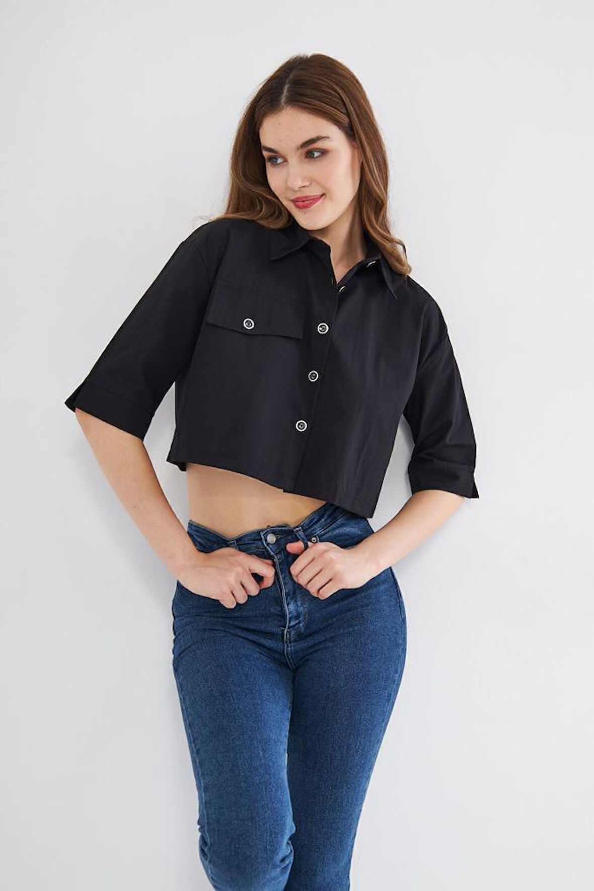 Kadın Crop Cepli Kısa Terrycotton Kaliteli Kumaş Turuncu Gömlek- Krop 3533160