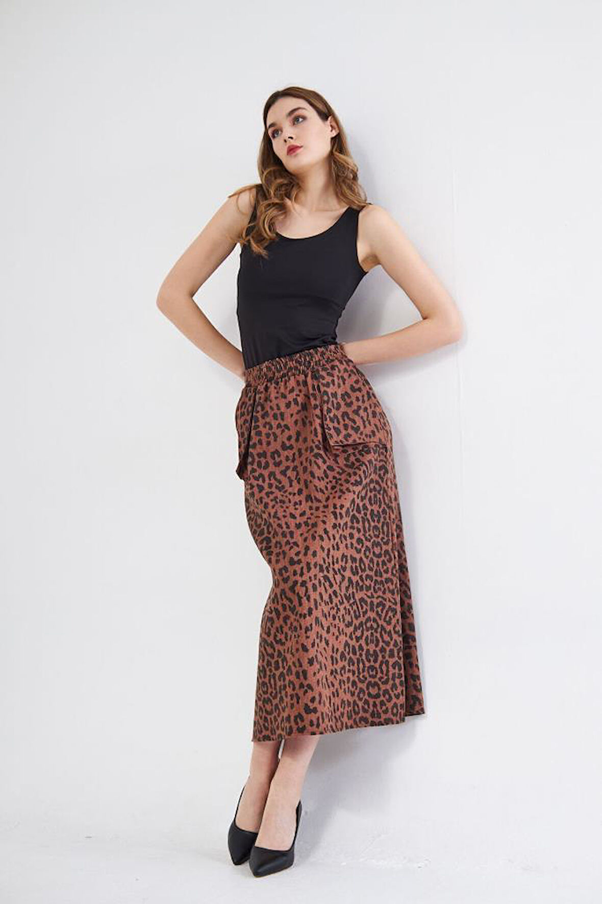 Kadın Kamuflaj Desen Gabardin Kumaş Etek Beli Lastikli Cep Detaylı Uzun Spor Etek 3553190