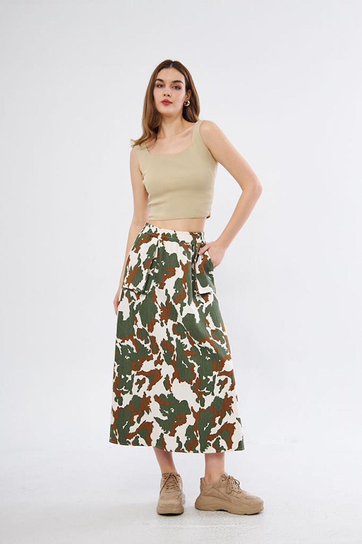 Kadın Kamuflaj Desen Gabardin Kumaş Etek Beli Lastikli Cep Detaylı Uzun Spor Etek 3553190