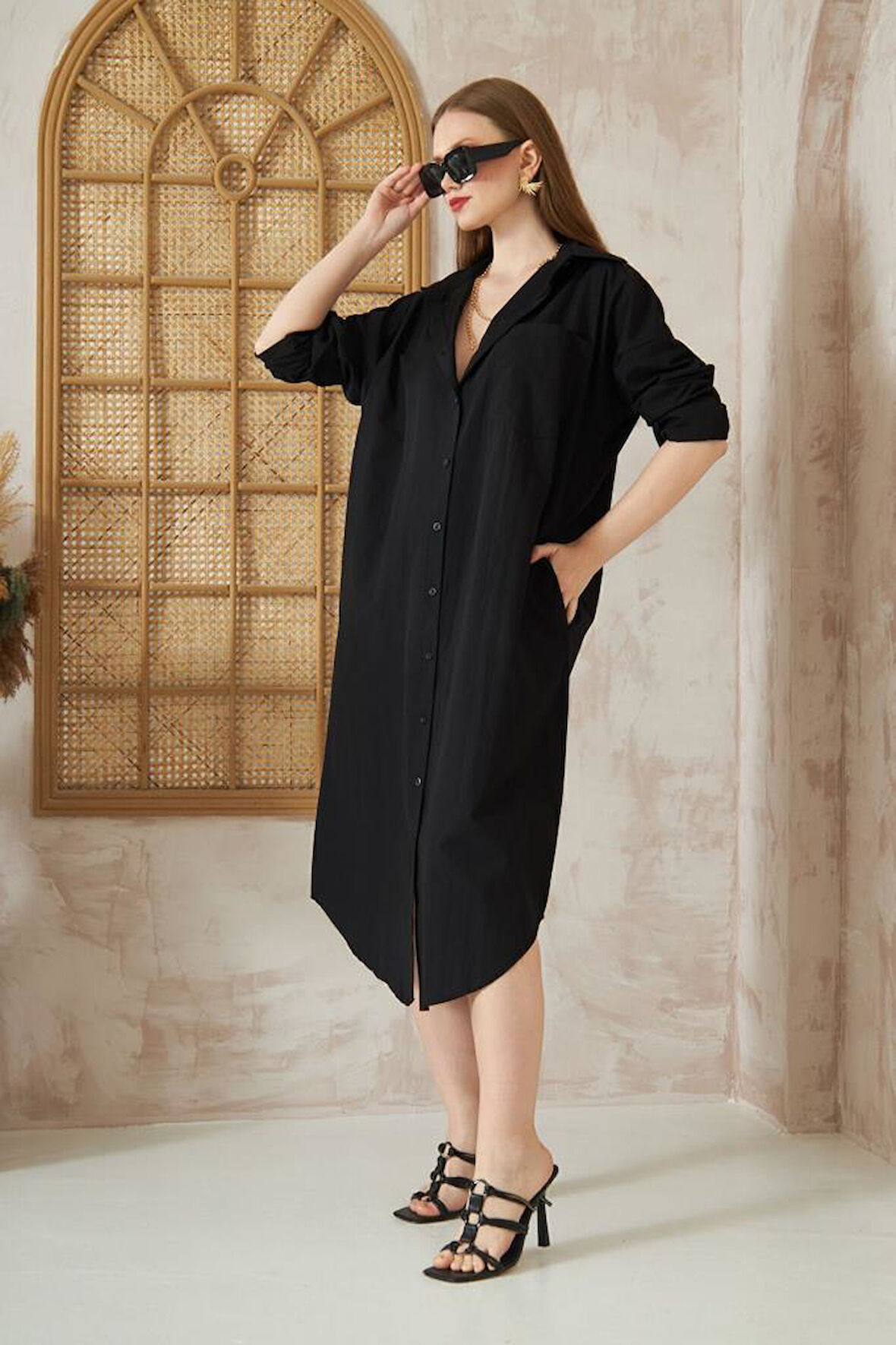 Kadın Uzun Kollu Poplin Cepli Oversize Uzun Günlük Spor Tunik Gömlek Elbise 3555270