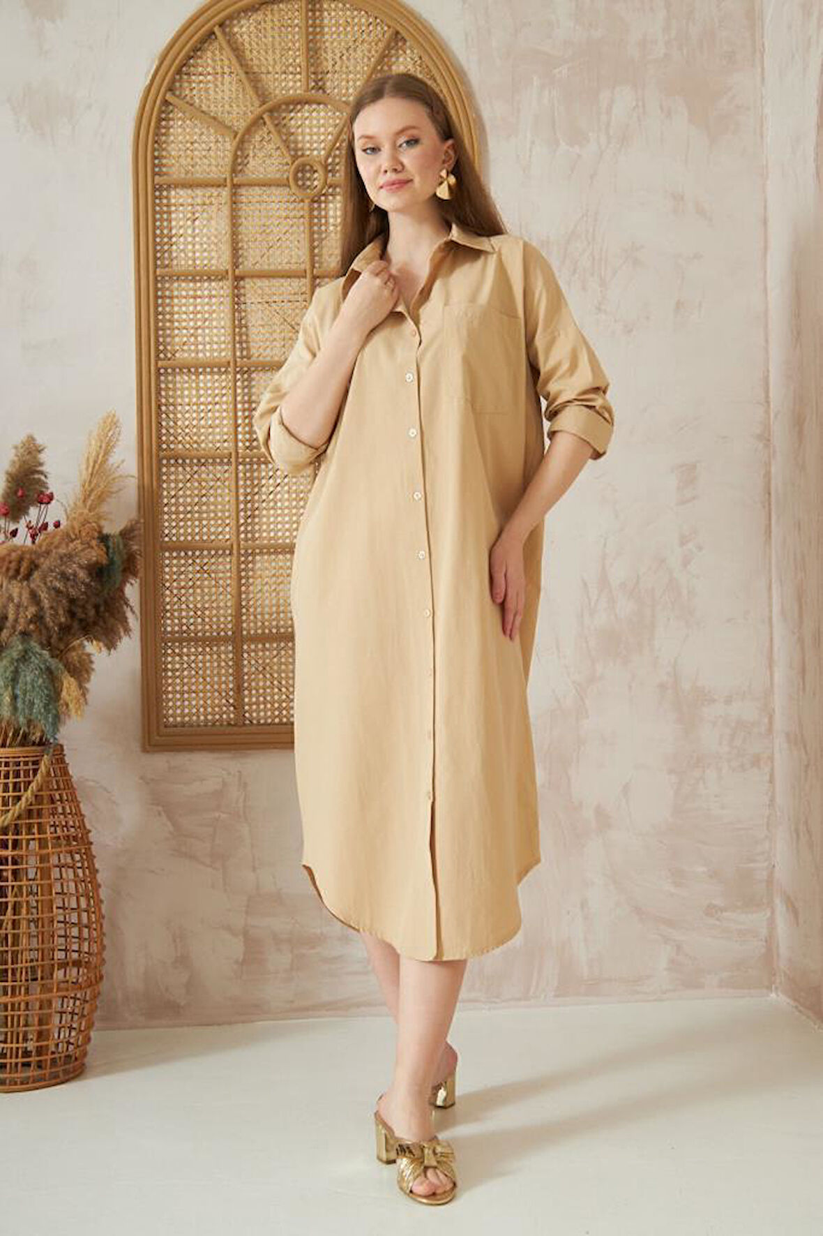 Kadın Uzun Kollu Poplin Cepli Oversize Uzun Günlük Spor Tunik Gömlek Elbise 3555270