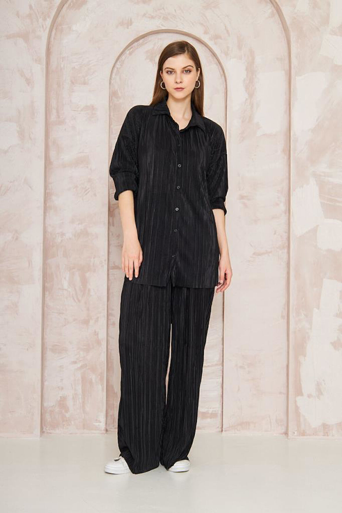 Kadın Pliseli Beli Lastikli Pantolon Tunik Gömlek Ikili Bürümcük Salaş Takım 3573300
