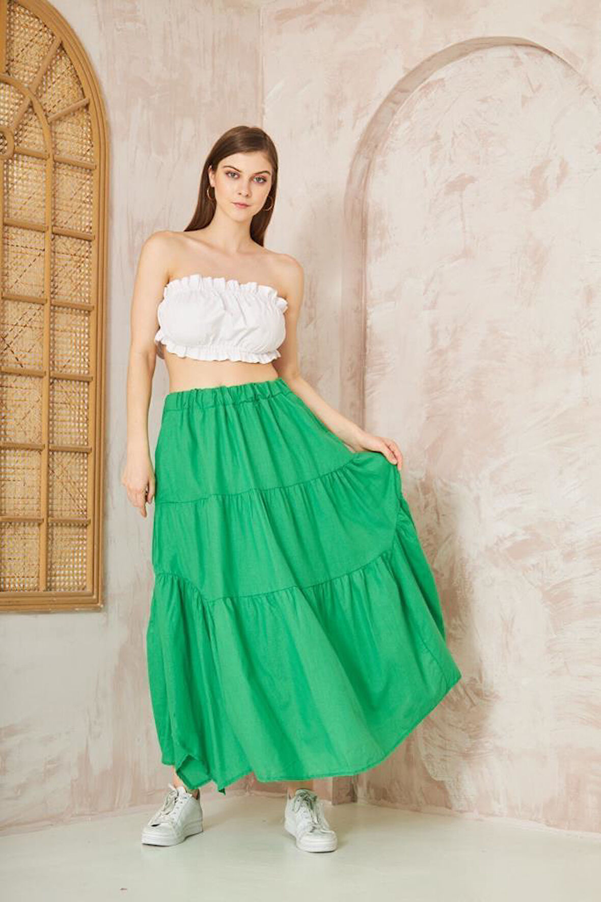 Kadın Cepli Asimetrik Kesim Fırfırlı Beli Lastikli Kloş 3 Kat Salaş Spor Etek 3574260