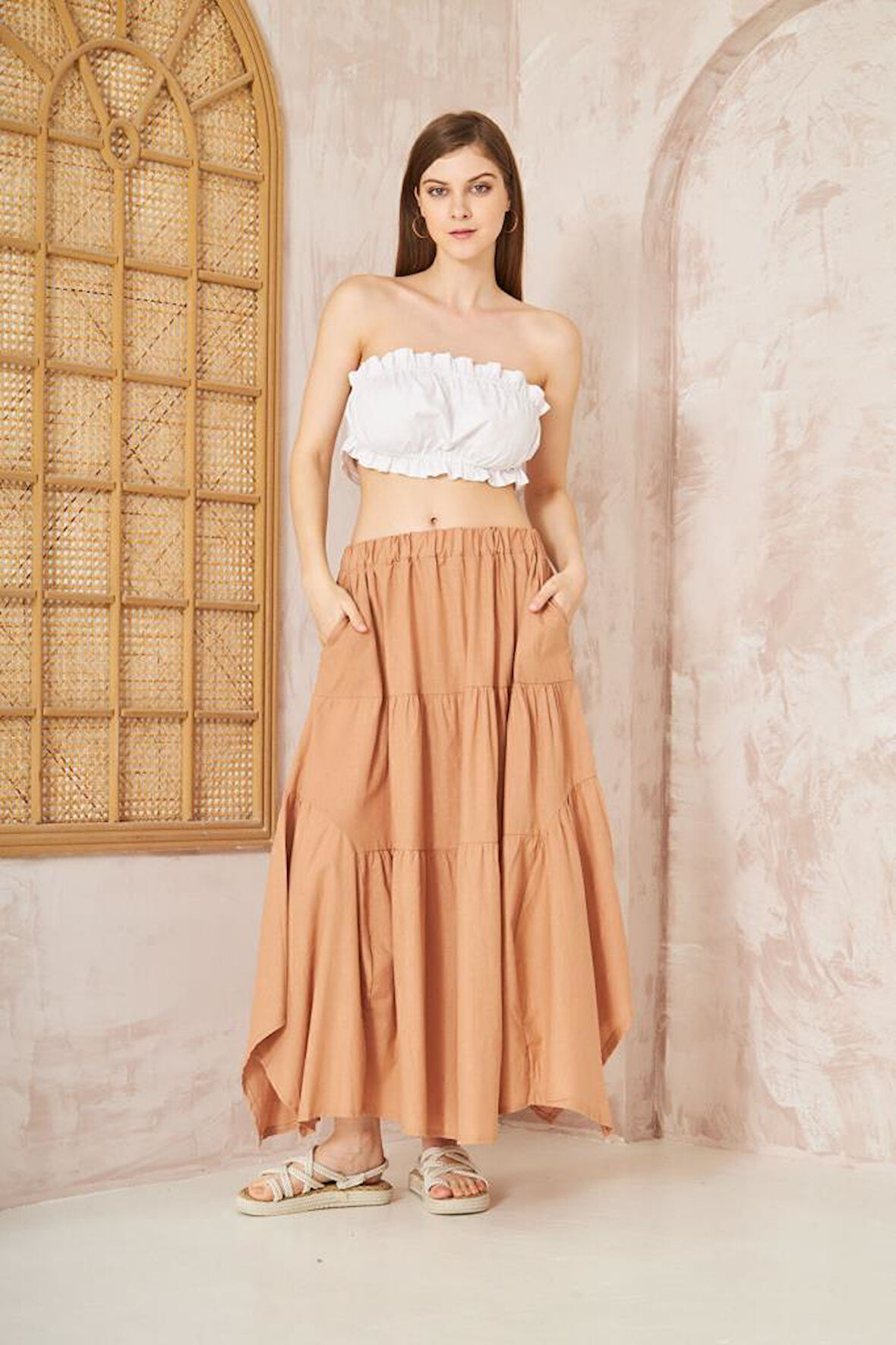 Kadın Cepli Asimetrik Kesim Fırfırlı Beli Lastikli Kloş 3 Kat Salaş Spor Etek 3574260