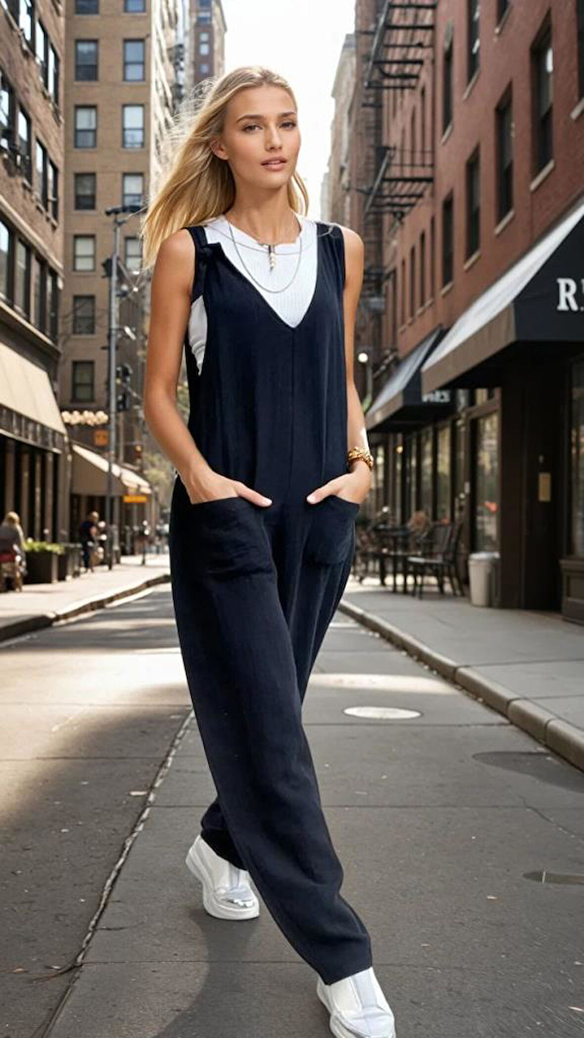 Kadın Siyah Müslin Salaş Askılı Rahat Kesim Cepli  Tulum 3613370