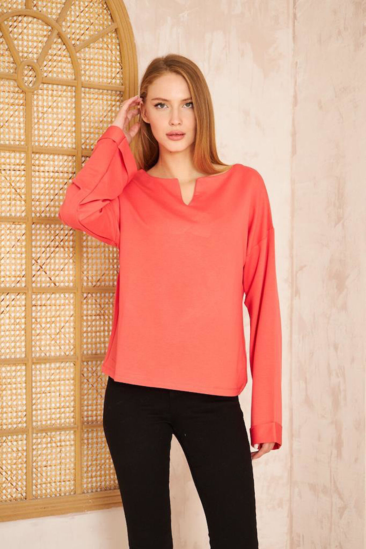 Kadın Ekstra Uzun Duble Kol / Yakası Yırtmaçlı Salaş Sweatshirt Bluz 3470190