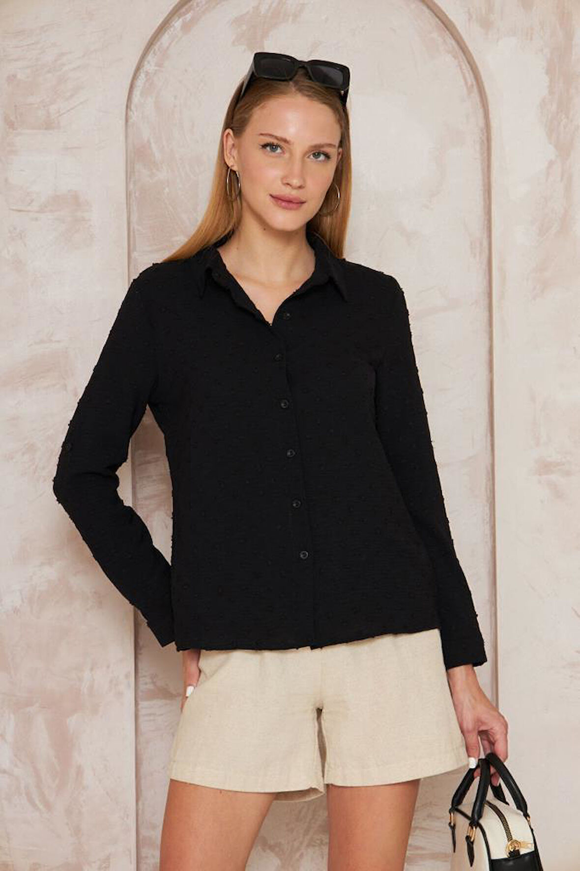 Kadın Pembe Ponponlu Slim Fit Uzun Kollu Gömlek Pudra 3621230