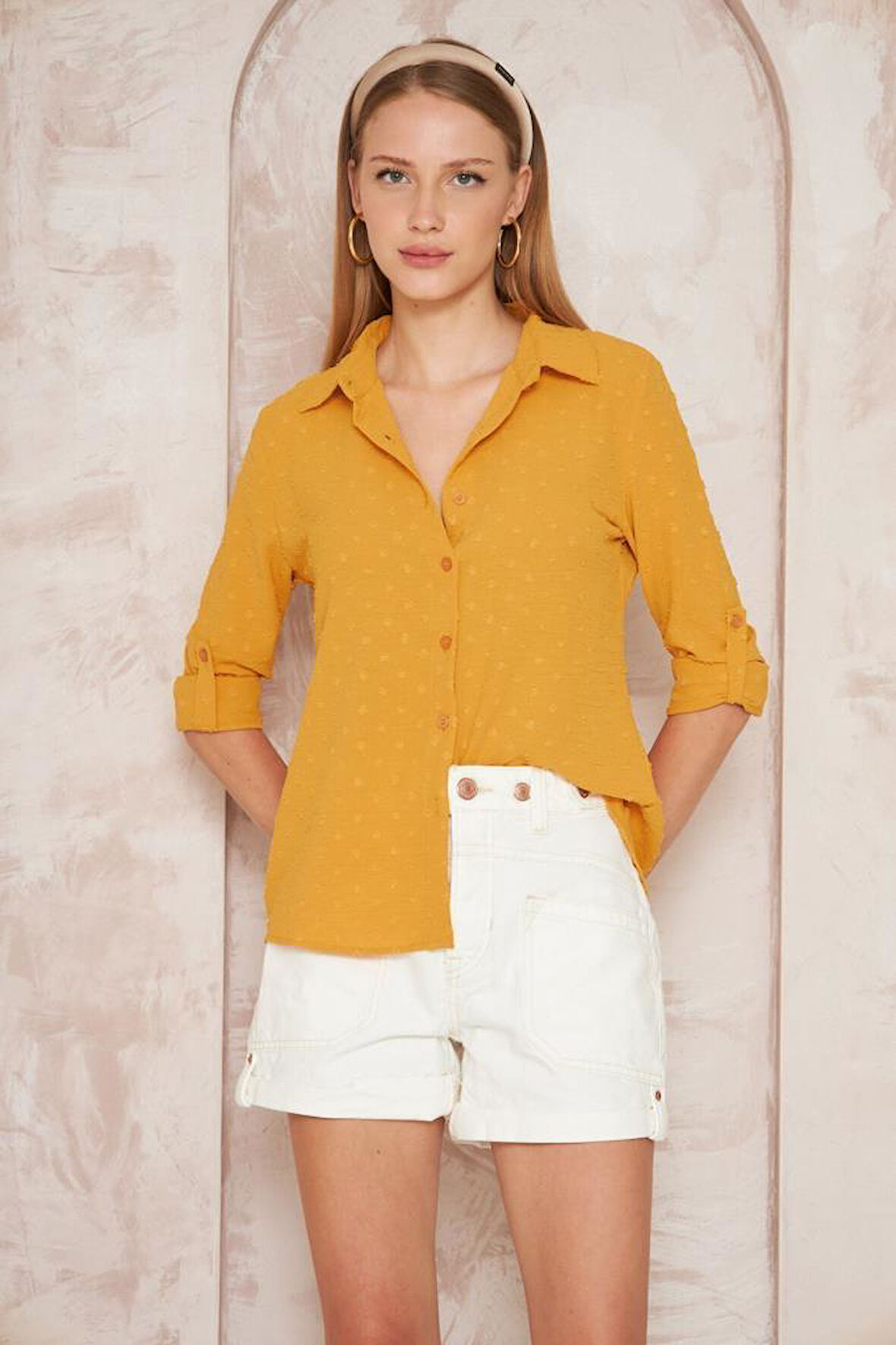 Kadın Pembe Ponponlu Slim Fit Uzun Kollu Gömlek Pudra 3621230