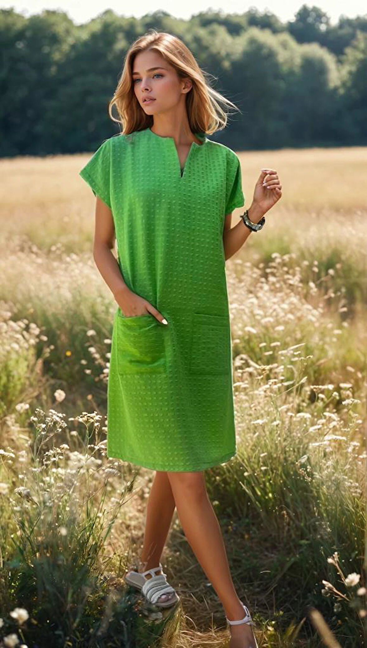 Kadın Özel Dokulu Kumaş Günlük Giy-Çık Yazlık Cepli Midi Elbise 3655264