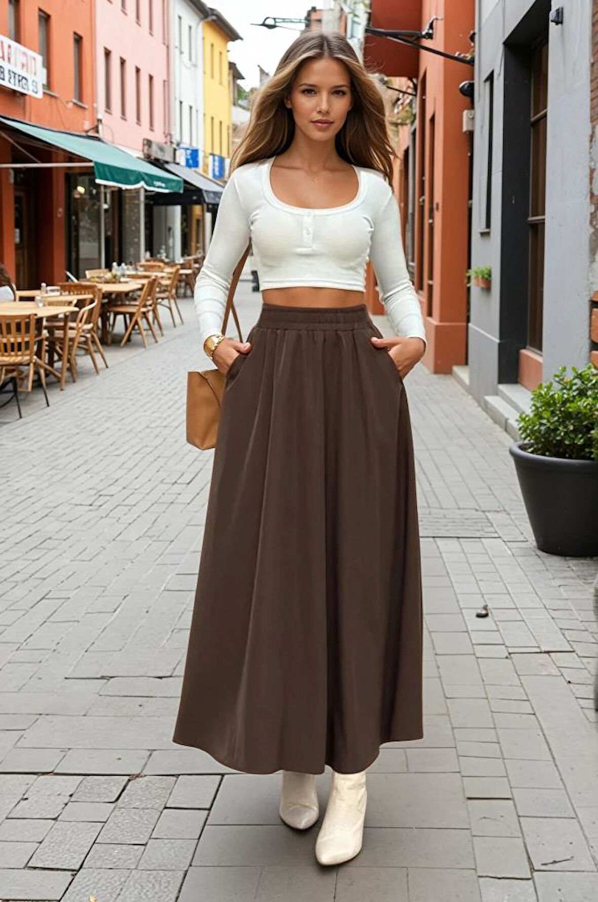 Kadın Yeni Sezon Beli Lastikli  A Kesim Salaş Uzun Yüksek Bel Kupra Etek 3676286