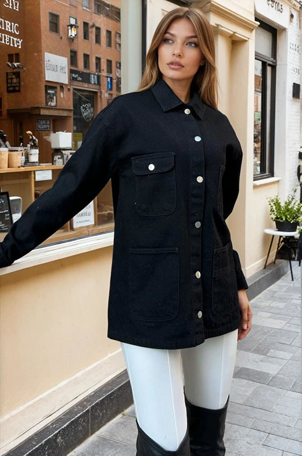 Kadın Siyah Oversize Gabardin Kot Ceket Gömlek – Geniş Cepli, Düğme Detaylı KT00-100451