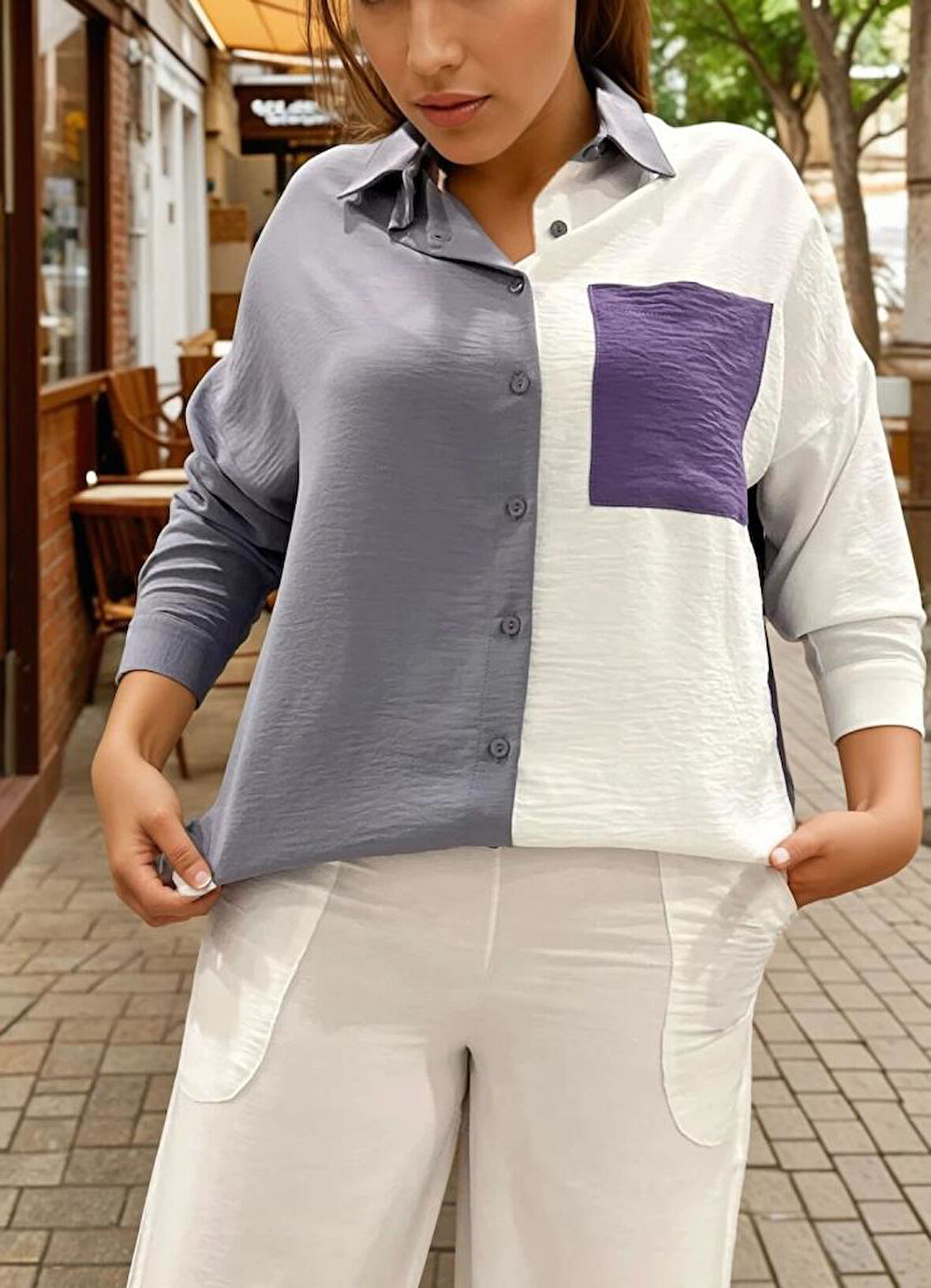 Kadın Renk Detaylı Arkası Uzun Uzun Kollu Dökümlü Tunik Gömlek 3071230